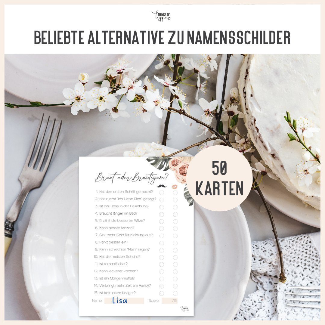 Things of Happiness Spiel Hochzeitsspiel Braut & Bräutigam 50 Karten, Hochzeitsspiel Brautpaar, Hochzeitsquiz
