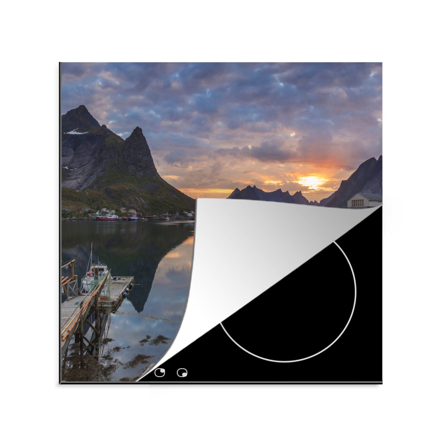 MuchoWow Herdblende-/Abdeckplatte Sonnenuntergang an einem See auf den Lofoten, Vinyl, (1 tlg), 78x78 cm, Ceranfeldabdeckung, Arbeitsplatte für küche