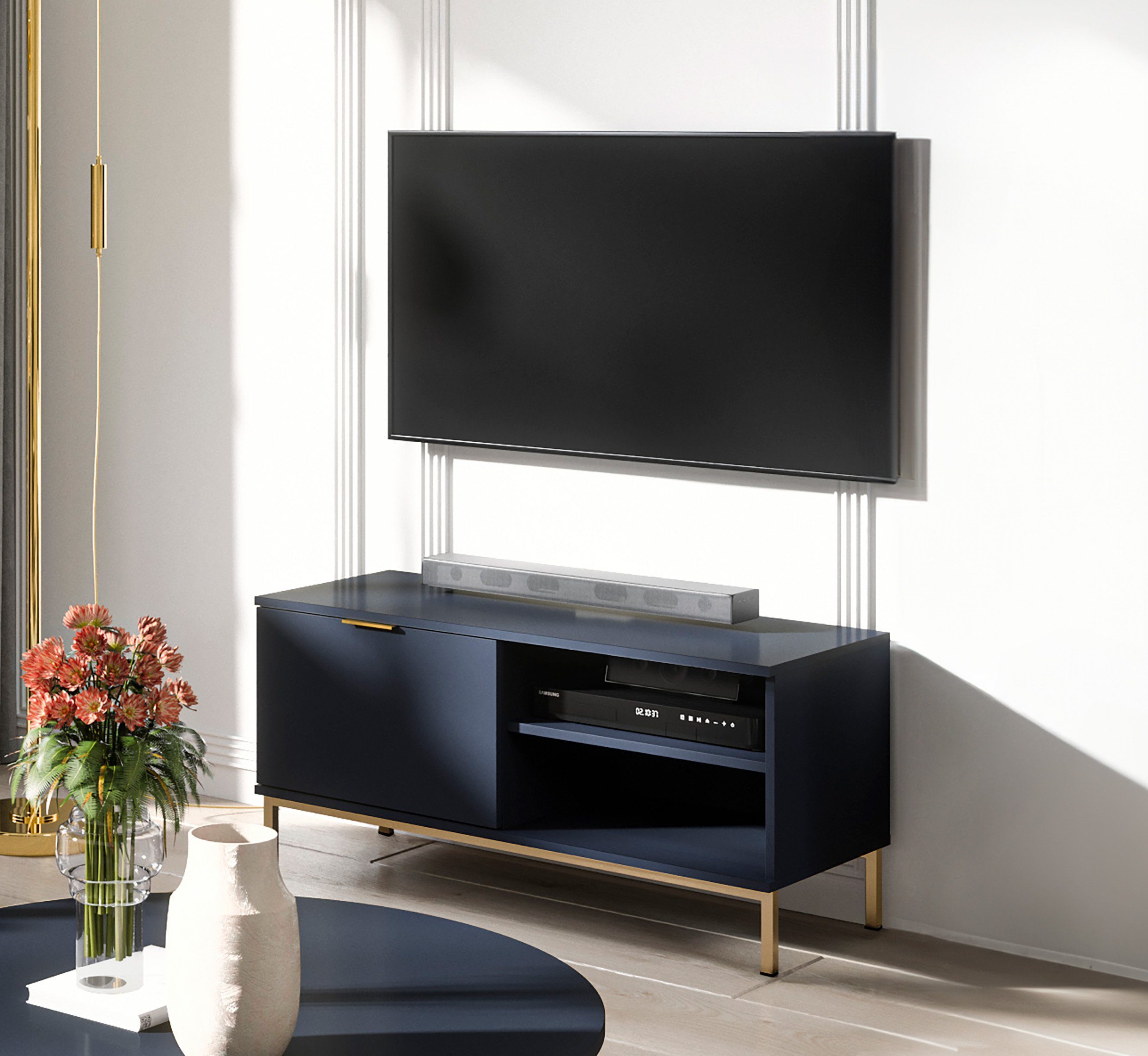 Furnix TV-Schrank MALAGAS Kommode, Fernsehschrank 1 bzw. 2 Türen 2 offenen Ablagen B100 x H50 x T41 bzw. B150 x H50 x T41 cm Nachtblau | TV-Schränke
