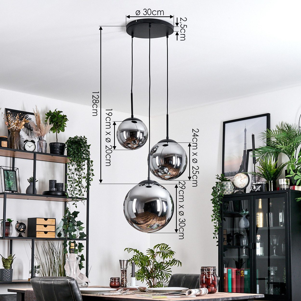 hofstein Hängeleuchte Rerto Hängelampe aus Metall/Glas in Schwarz/Rauchfarben für Esszimmer, ohne Leuchtmittel – Bild 4 von 5