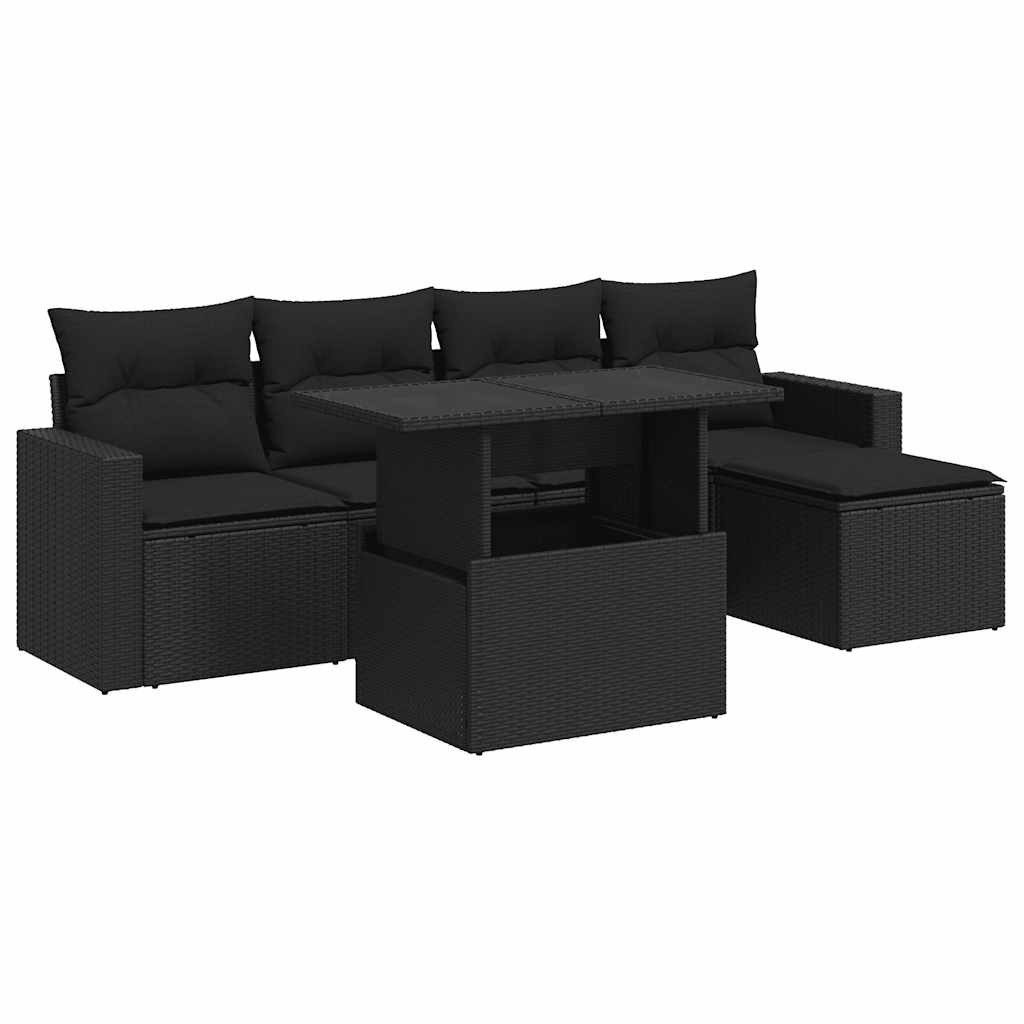 vidaXL Gartenlounge-Set 6-tlg. Garten-Sofagarnitur mit Kissen Schwarz Poly Rattan, (1-tlg)