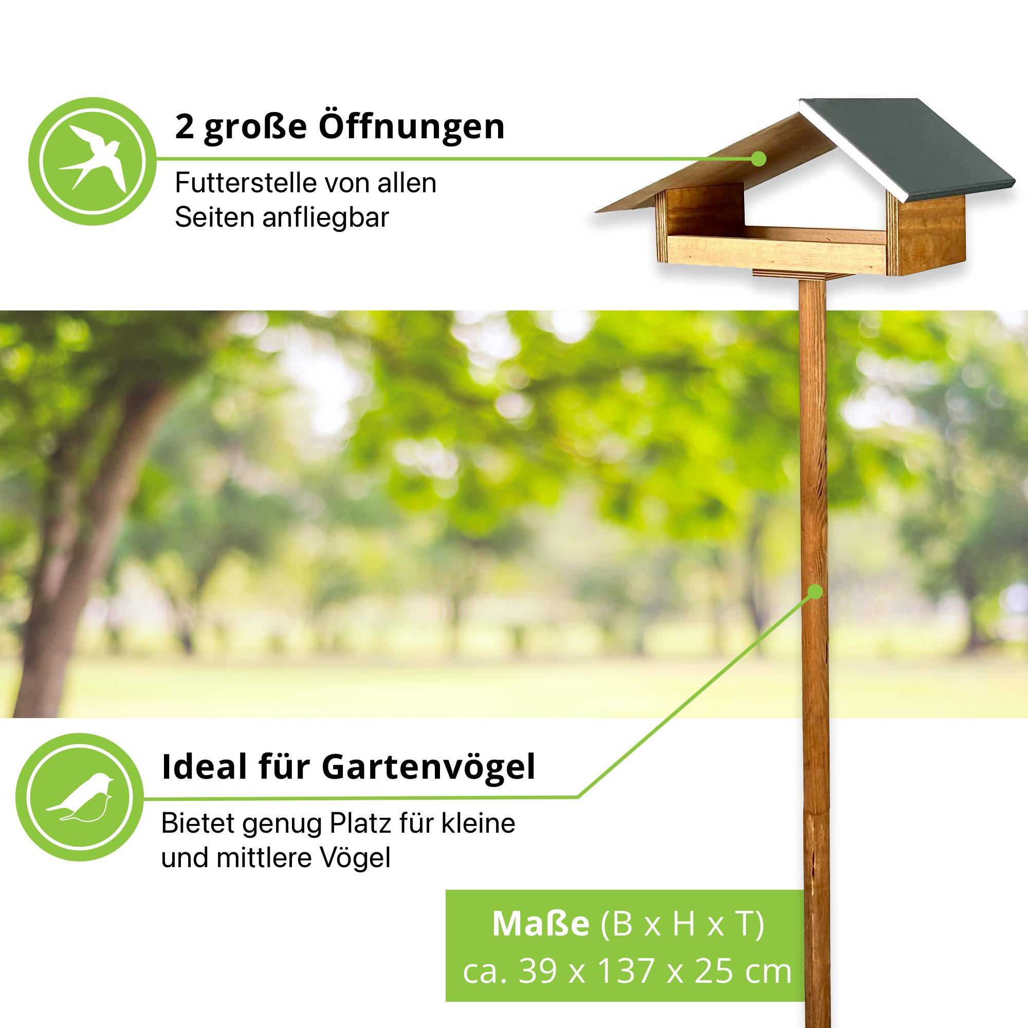 gartenetage Vogelhaus Design-Vogelfutterhaus mit wetterfestem Metalldach/inkl. Erdspieß, Vogelfutterhaus mit Ständer/Robustes Vogelhäuschen für Ihren Garten