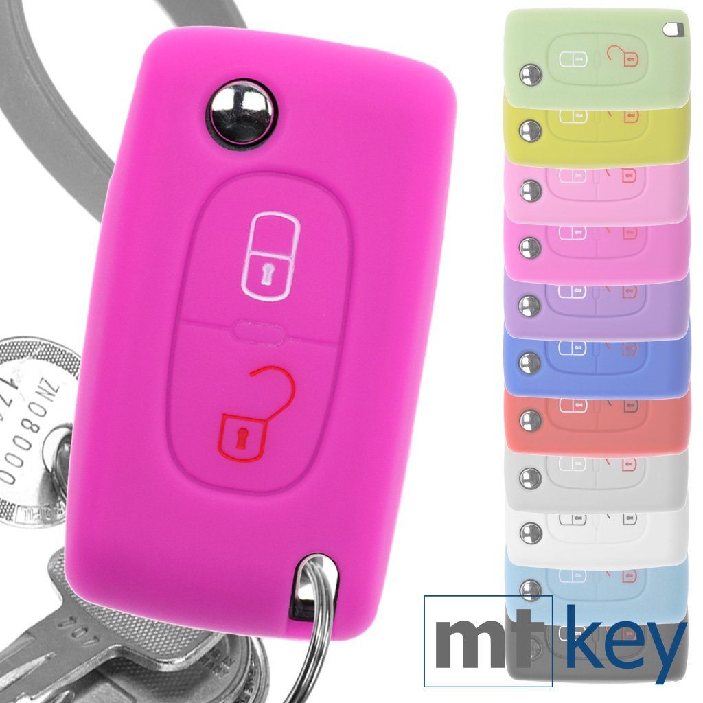 mt-key Schlüsseltasche Autoschlüssel Softcase Silikon Schutzhülle Pink, für Citroen Berlingo C2 C3 Peugeot 207 307 308 2 Tasten Klappschlüssel