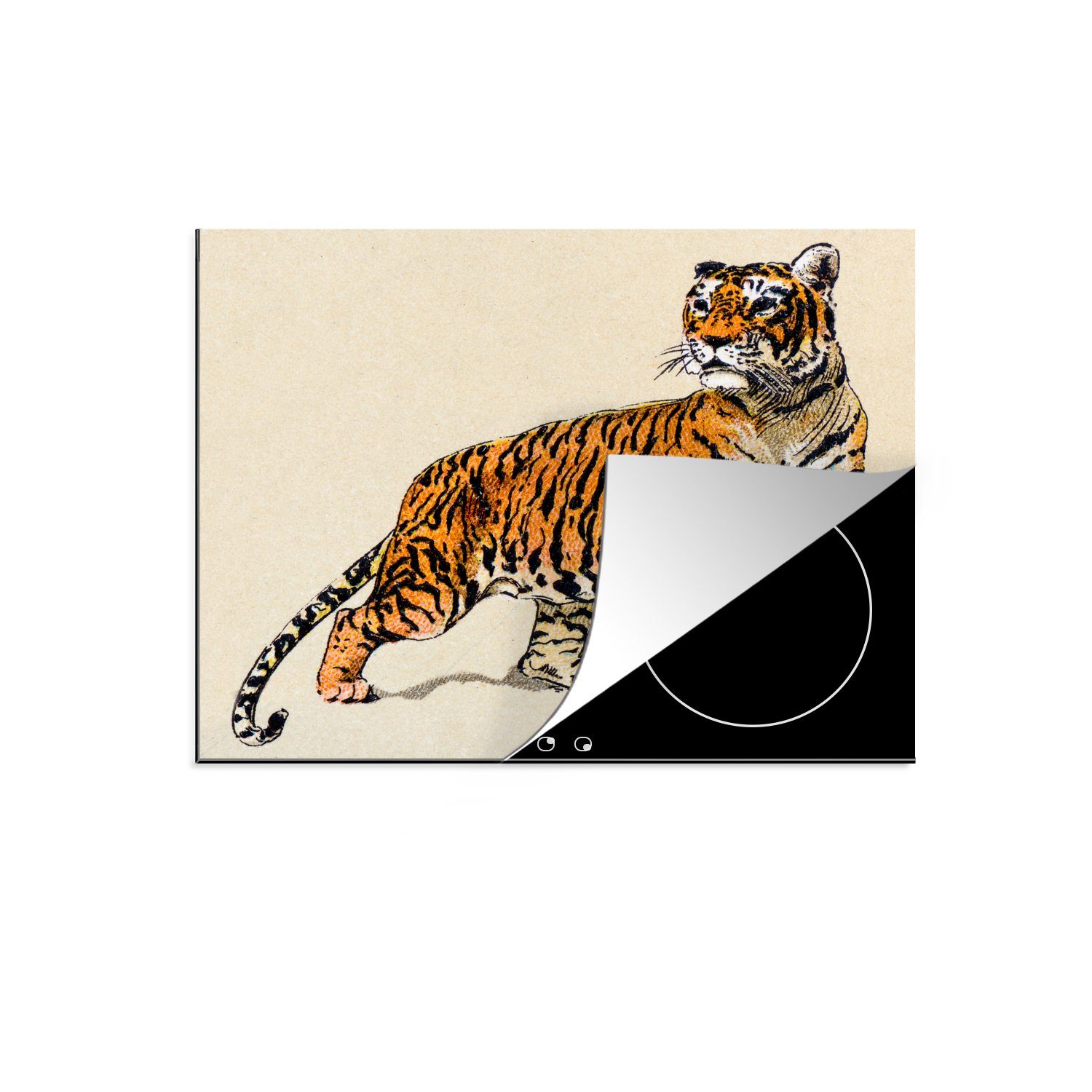 MuchoWow Herdblende-/Abdeckplatte Tiere - Tiger - Jahrgang, Vinyl, (1 tlg), 60x52 cm, Mobile Arbeitsfläche nutzbar, Ceranfeldabdeckung