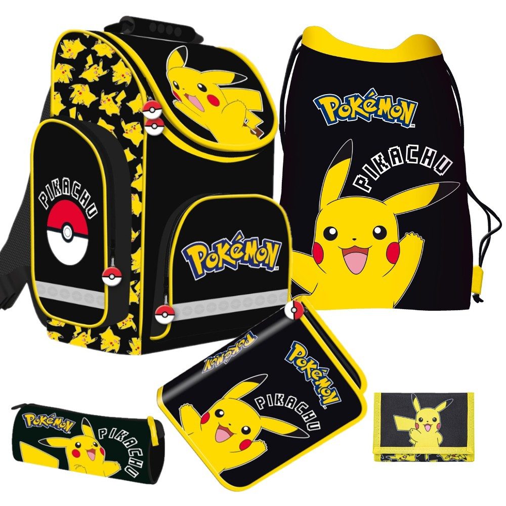 Familando Schulranzen 1. Klasse; ergonomischer Tornister (Set, 5-tlg., inkl. Federmäppchen und Turnbeutel), Pokémon Schultasche Pikachu Pokemon