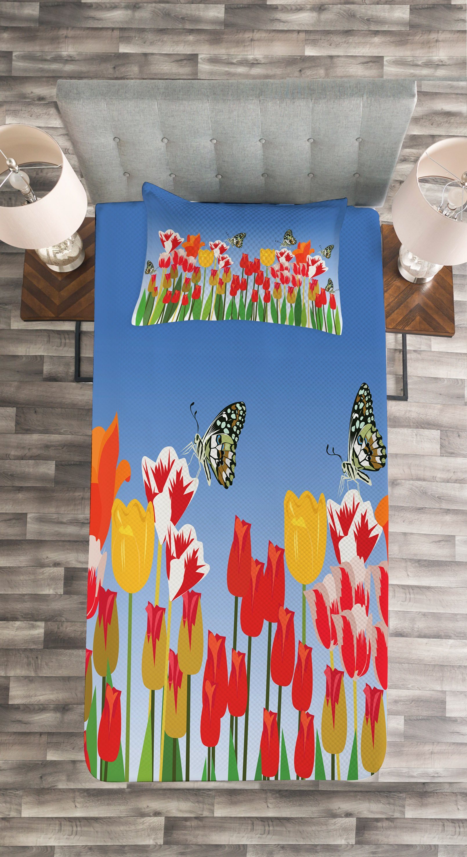 Kissenbezügen Waschbar, Schmetterlinge Abakuhaus, Set mit Tulpe Bloom Tagesdecke Insekten und