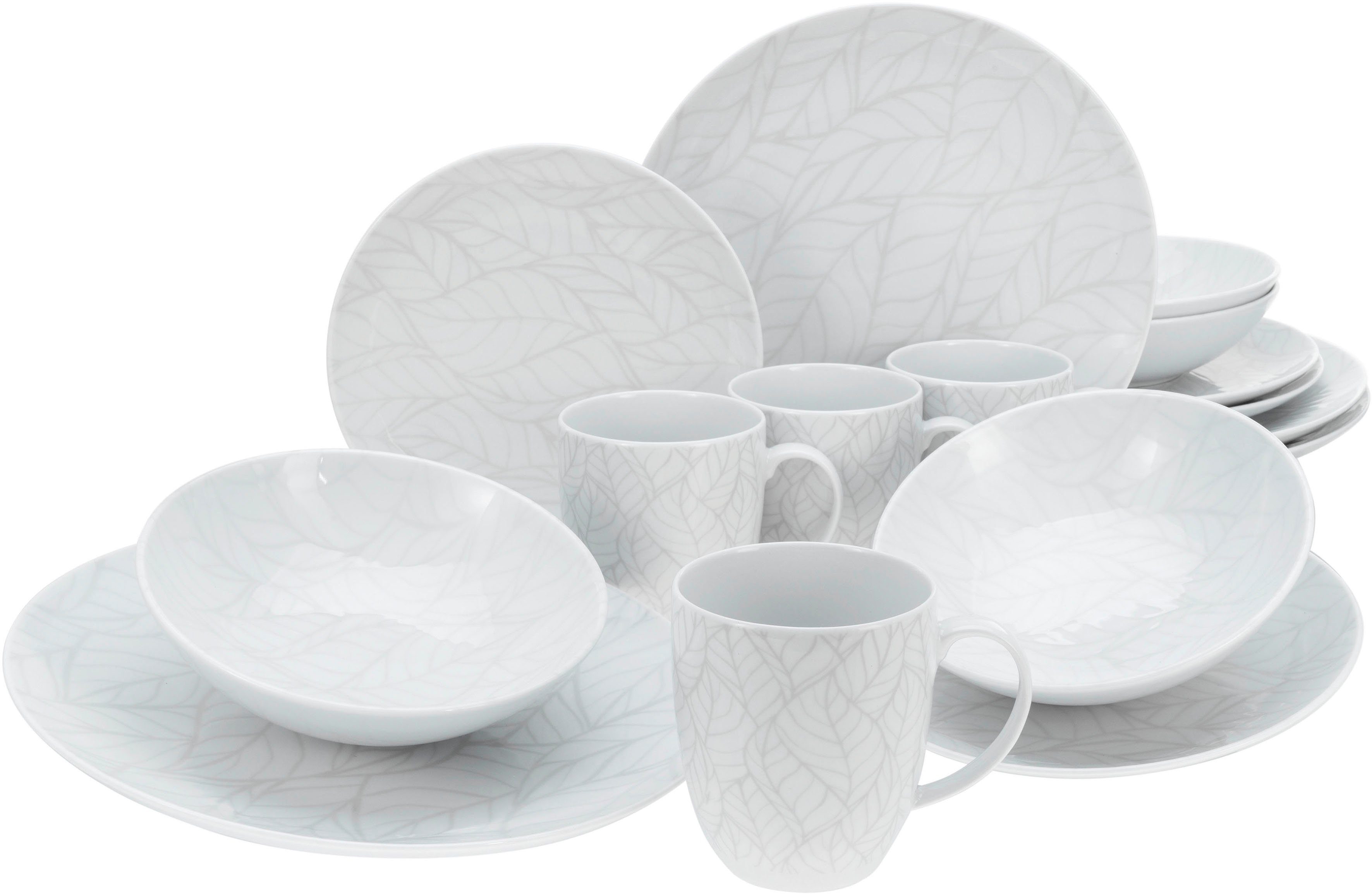 CreaTable Kombiservice Geschirr-Set Home - Blätter (16-tlg), 4 Personen, Porzellan, Service, weiß, Used-und Vintage-Look, zeitlos, 16 Teile für 4 Personen