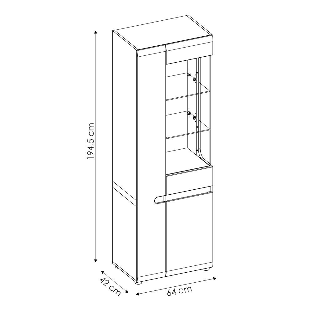 Lomadox Vitrine LEGNICA-129 weiß mit Trüffel cm 64/194,5/42 Hochglanz Eiche Nb