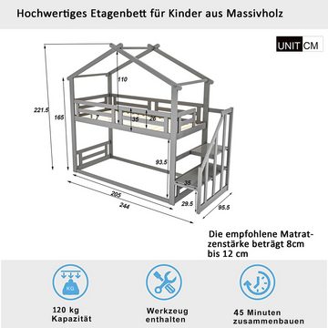 IDEASY Etagenbett Etagenbett im Spielhausstil mit Leiter, (Rahmen aus massivem Kiefernholz), durchgehenden Gittern für Sicherheit und Geborgenheit