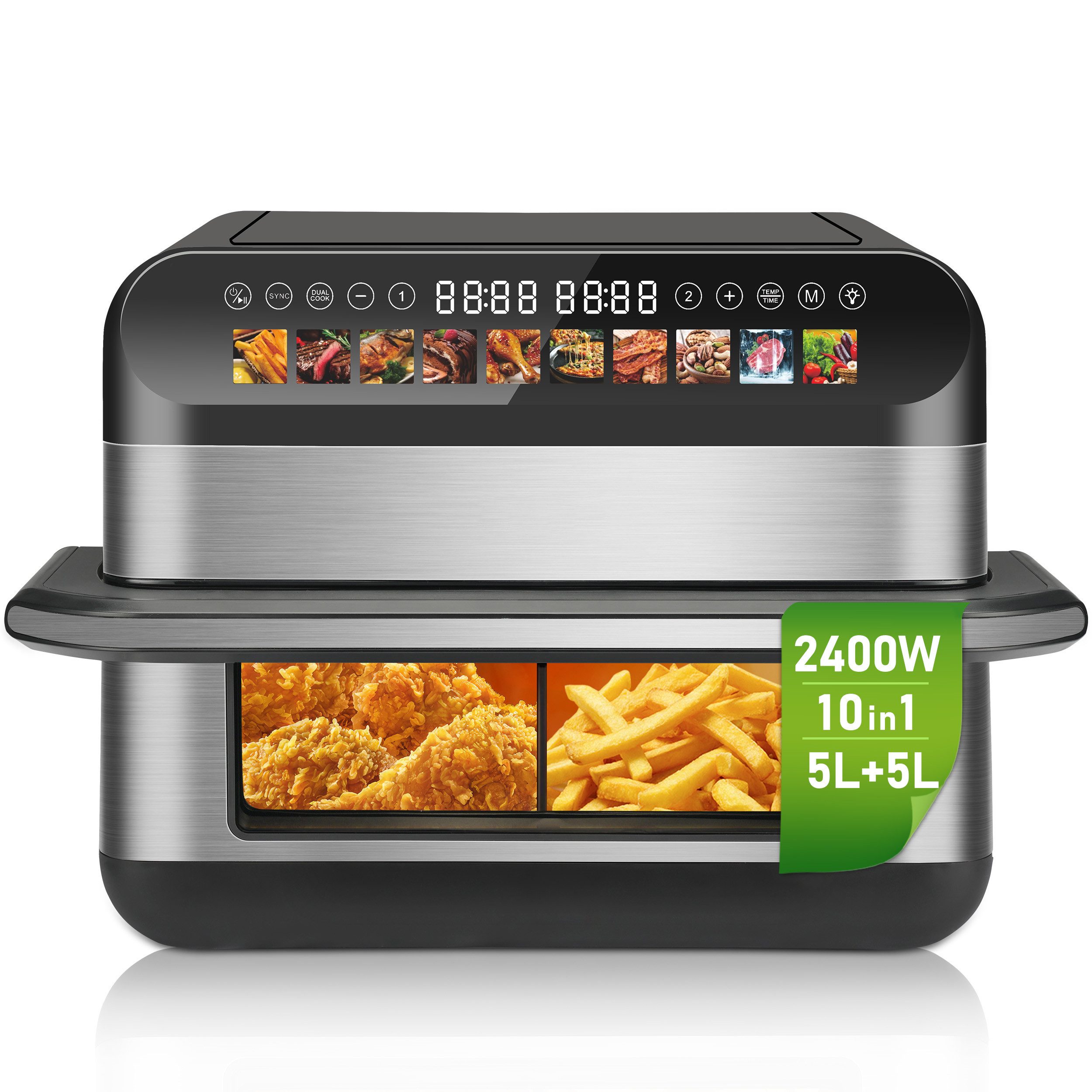 WHEELYOU Heißluftfritteuse 10 L Doppelkammer Airfryer – Doppelbehälter-Modus mit unabhängiger Steuerung, 2400 W, Modernes Design, 10L XXL-Garraum & einfache Ein-Knopf-Bedienung
