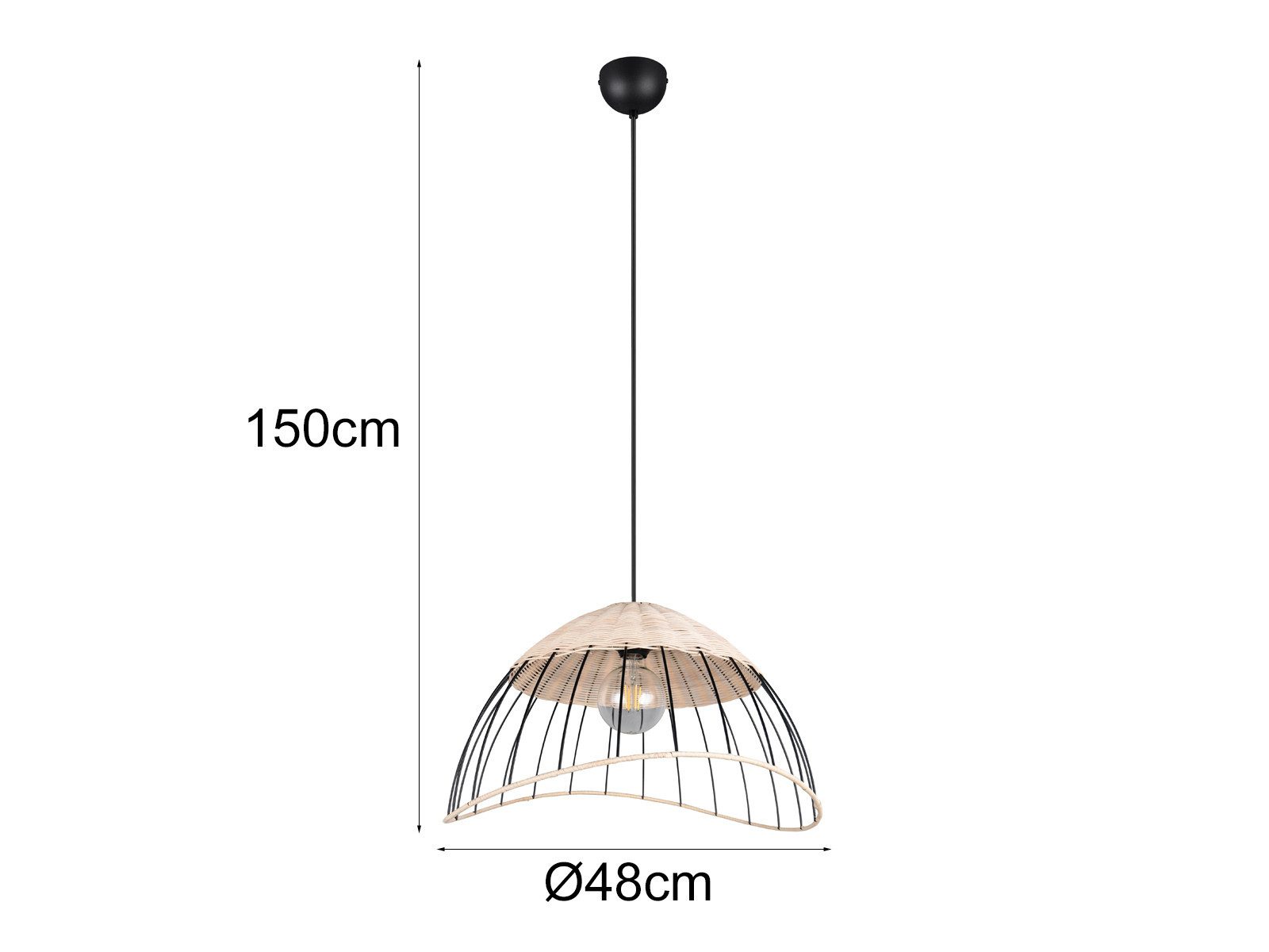 Reality Leuchten LED Pendelleuchte, Dimmfunktion, LED wechselbar, über Lichtschalter in 3 Stufen dimmbar, warmweiß, Groß-e Rattan-lampe Lampenschirm geflochten hängend Esstisch, Ø 48cm