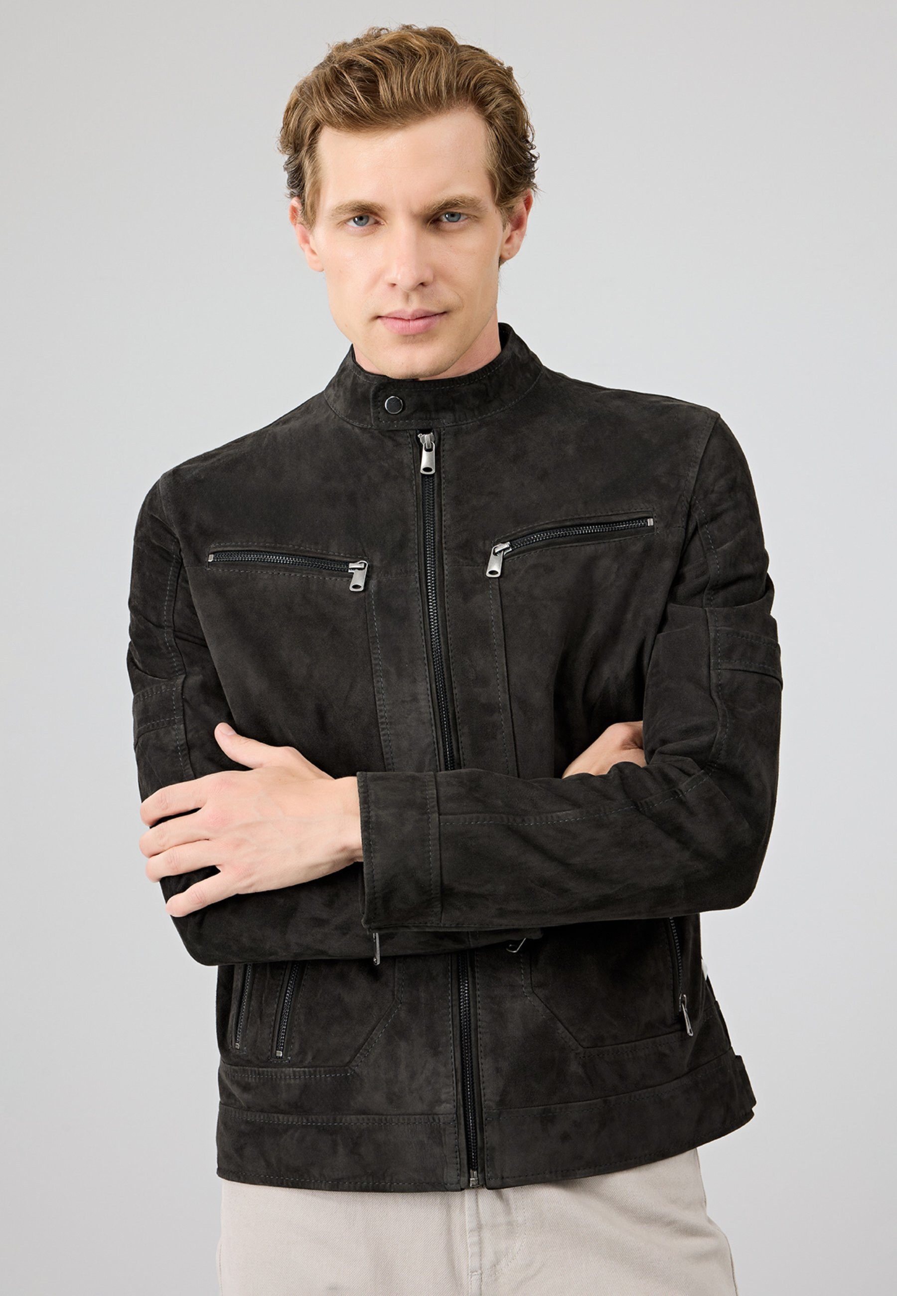Derimod Lederjacke Patrick Wildlederjacke Regular Fit, Reißverschluss, Stehkragen, Kurz, Textilfutter