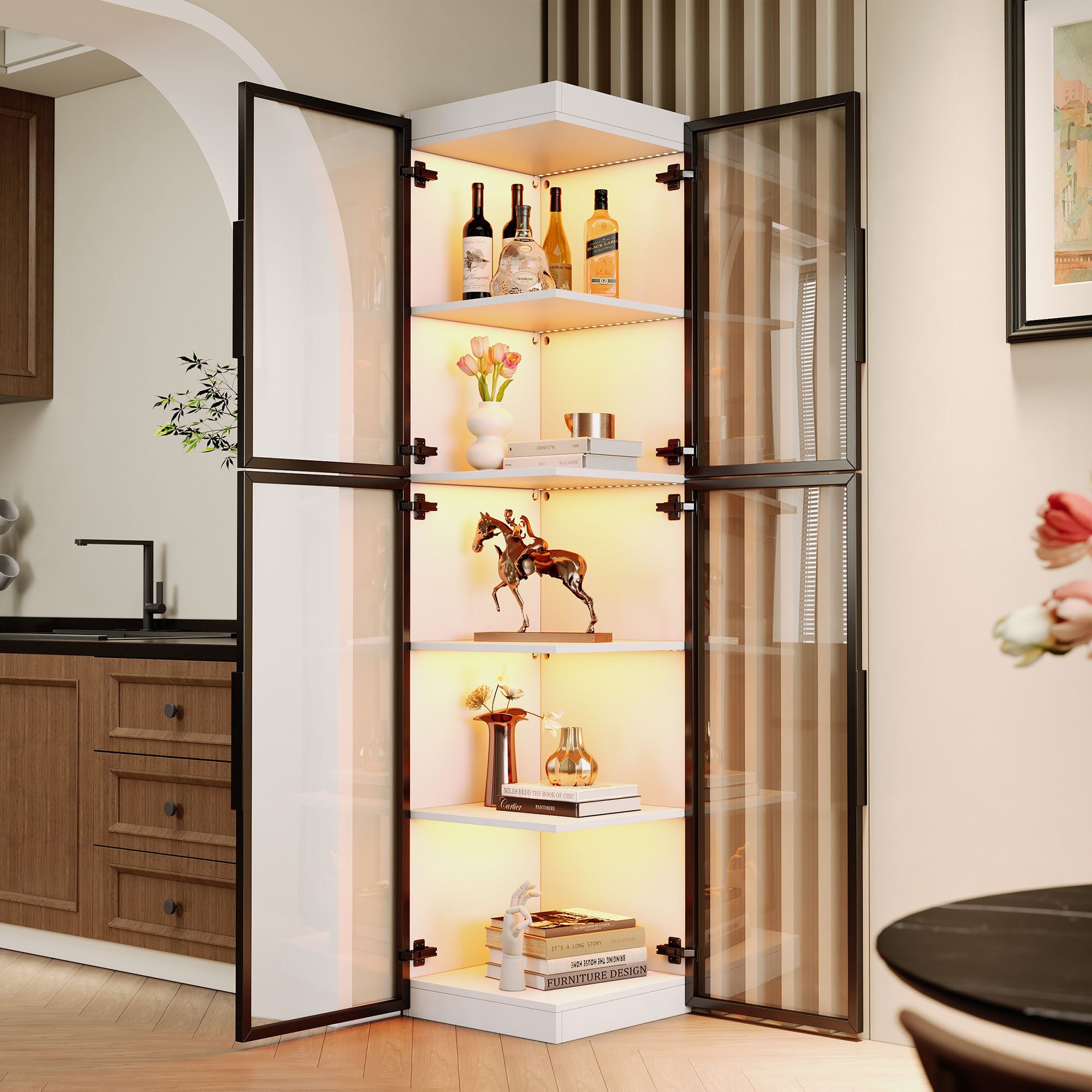 STILVORA Vitrine Glasvitrine Highboard Acrylvitrine mit 5 Einlegeböden und LED (Glasvitrine / Acrylvitrine 40×40×170 cm, Doppeltüren, Freistehend, transparent, LED, für Wohn- und Essbereich) 5 Einlegeböden, Farbwechsel-LED, kippsicher, Rundumsicht