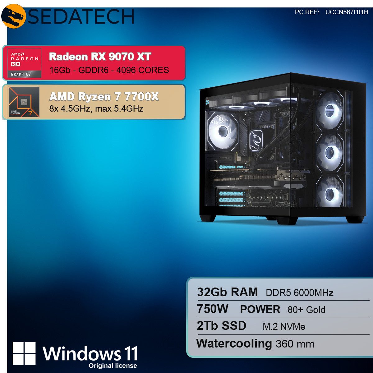 Sedatech UCCN567I1I1HF - Watercooling Gaming-PC (AMD Ryzen 7 7700X 8x 4.5GHz (max 5.4GHz), Radeon RX 9070 XT 16GB, 32 GB RAM, 2000 GB SSD, Watercooling, Wlan 7)