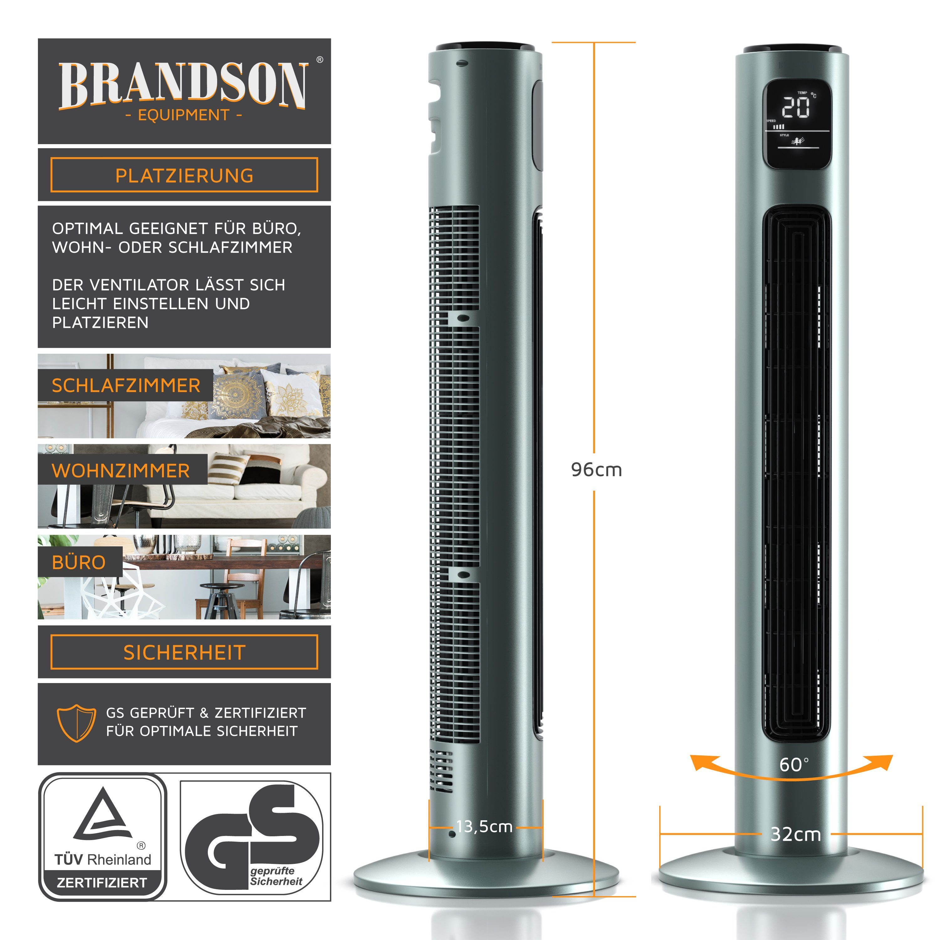 Brandson Oszillation, Fernbedienung, 96cm, Silbermint Turmventilator, Timer, Standventilator