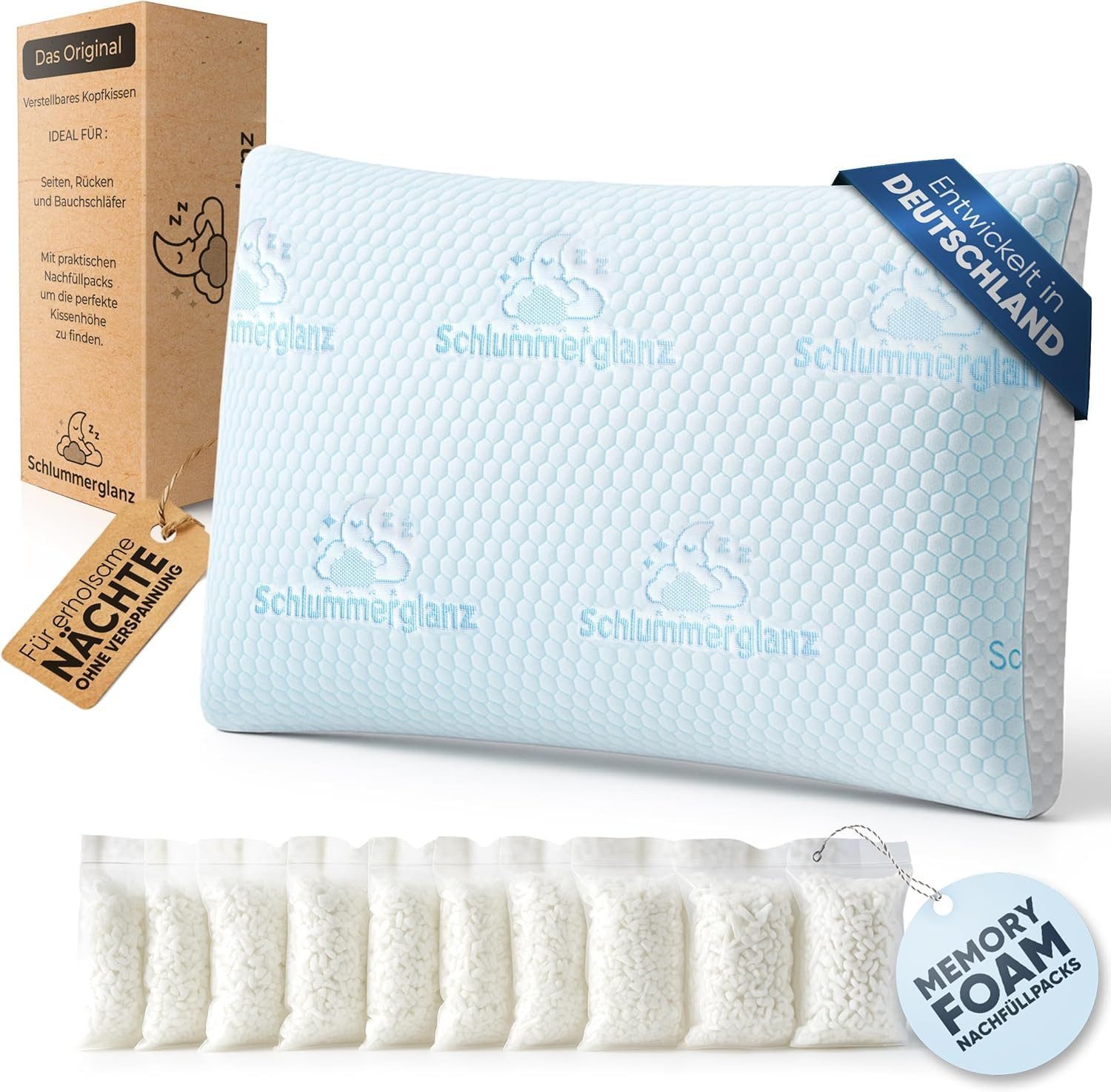 Schlummerglanz Kopfkissen Memory Foam Nackenkissen - Kopfkissen 40x60 höhenverstellbar, Füllung: Memory Foam, Memory-Schaum, …