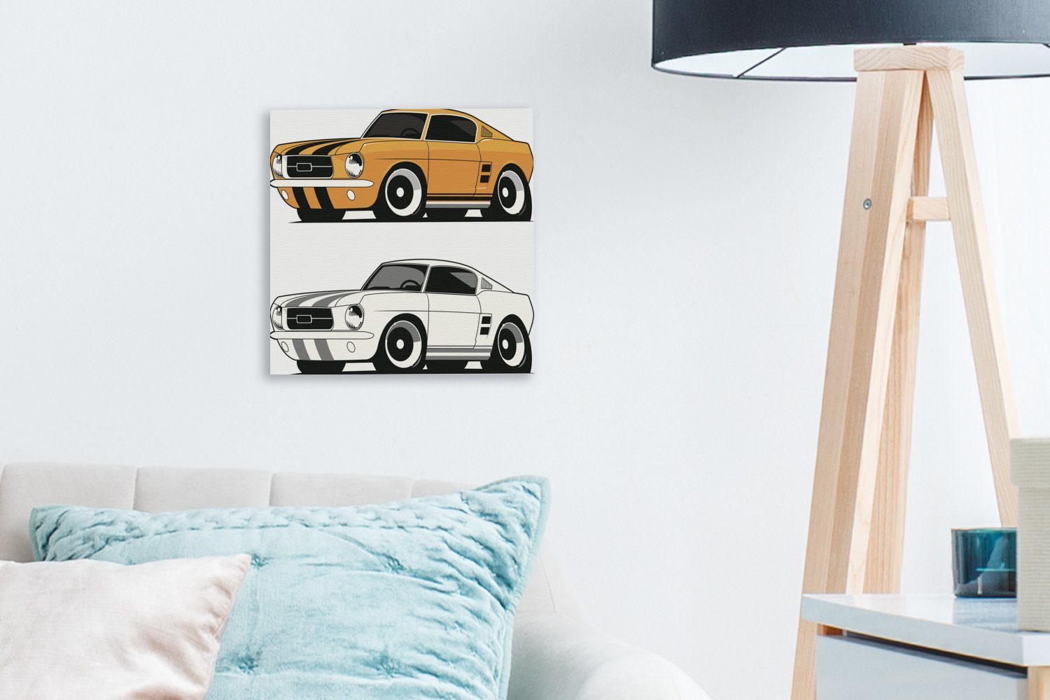 OneMillionCanvasses® St), Illustration Wohnzimmer Mustangs, Schlafzimmer (1 eines für Leinwand Leinwandbild gelb-weißen Bilder