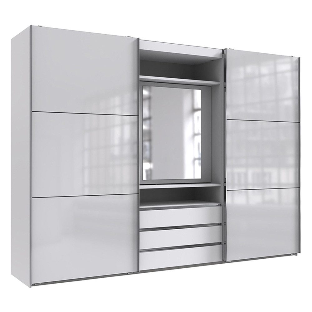 Lomadox Kleiderschrank MIDLAND-43 in weiß Schwebetüren mit Glasfronten Spiegelelement 300x216x65 cm