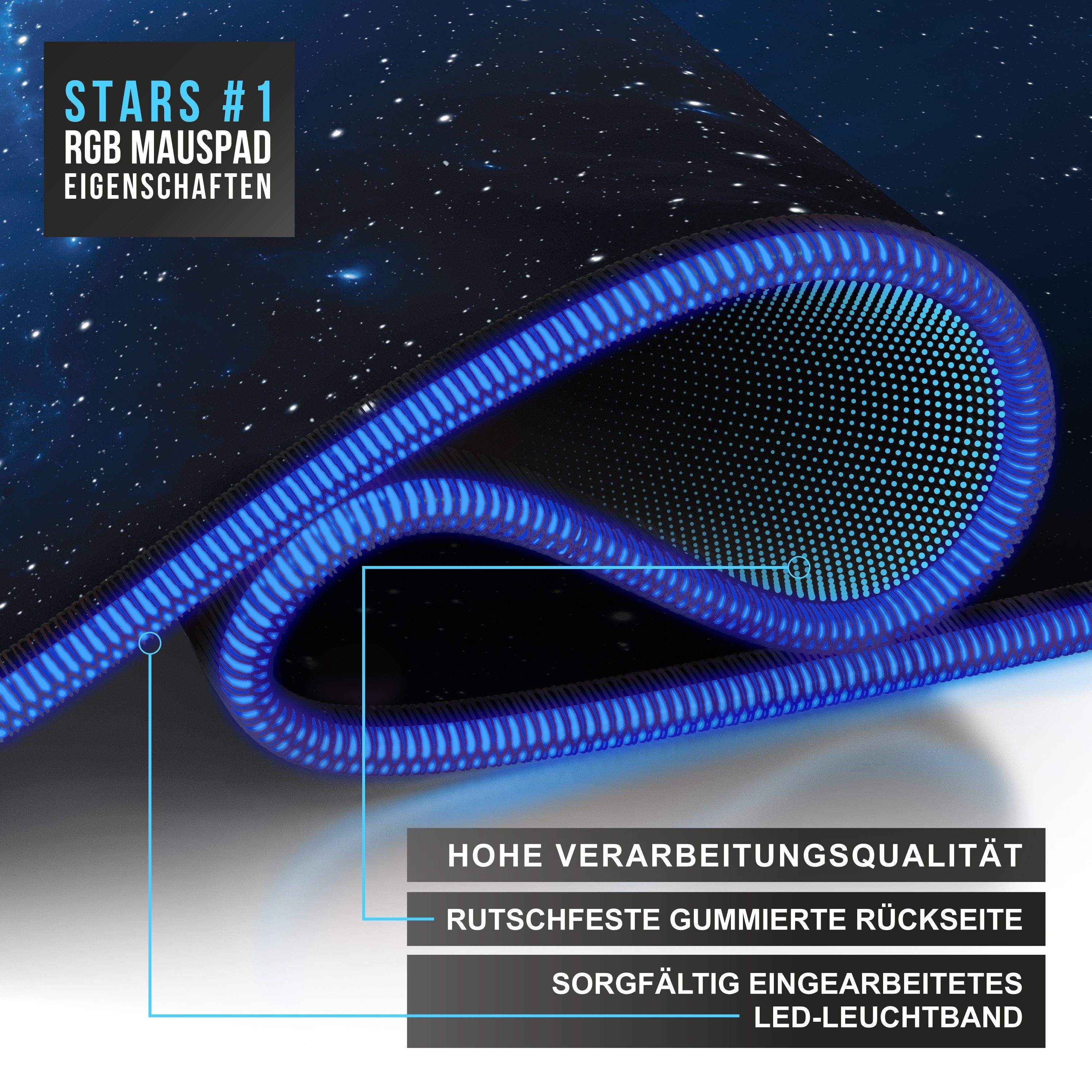 CSL Gaming Mauspad RGB Mousepad 800 x 300 x 3 mm, LED Multi Color XL Tischunterlage (1-St), rutschfest, abwaschbar, Geschwindigkeit & Präzision, Stars, Gaming – Bild 4 von 5