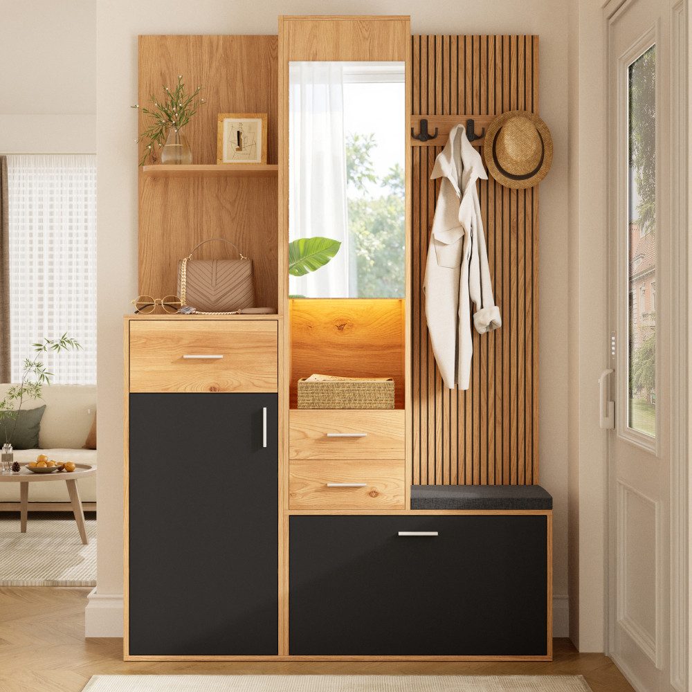 BBWL Kompaktgarderobe mit Schuhschrank, Spiegel, Sitzbank, Schubladen und Garderobenhaken Kompaktgarderobe mit LED-Beleuchtung, App-Steuerung