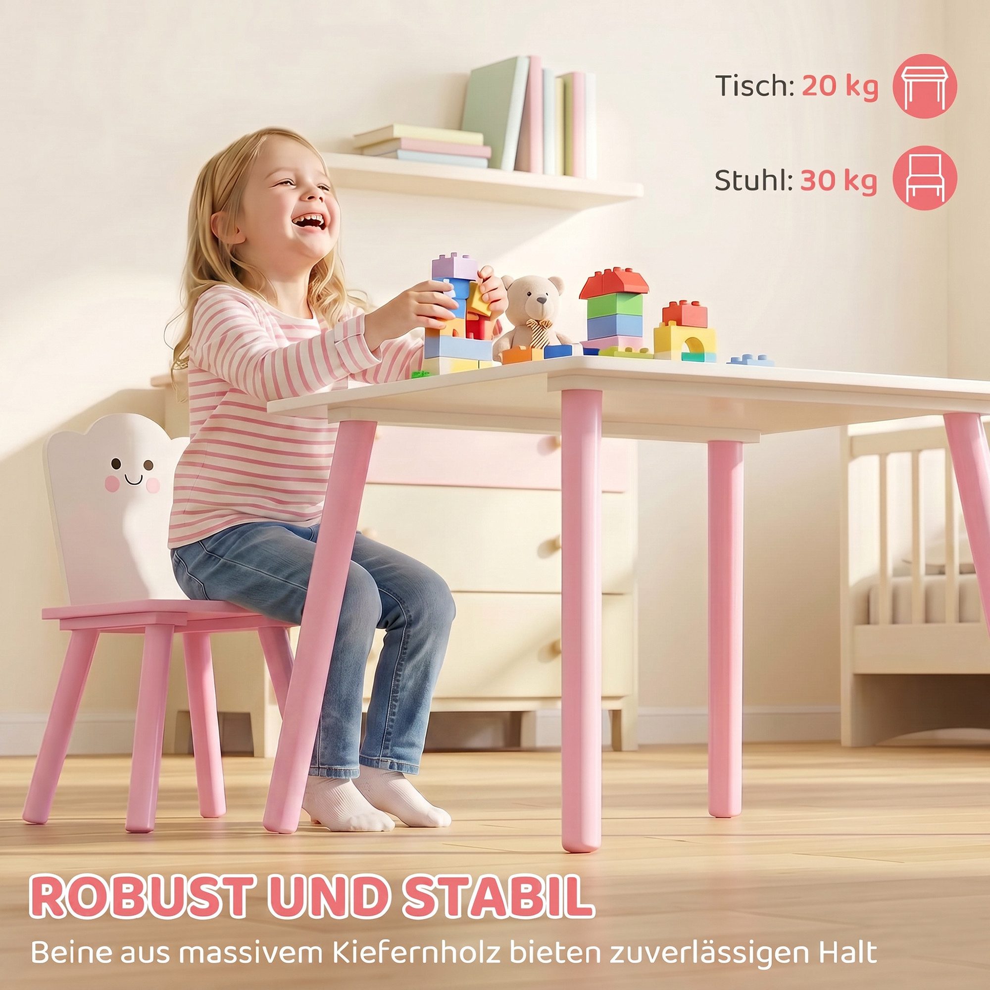 AIYAPLAY Kindersitzgruppe Kindertisch mit 2 Stühlen, (Set, 3-tlg., 1 Tisch, 2 Stühle), abgerundete Kanten – Bild 5 von 5