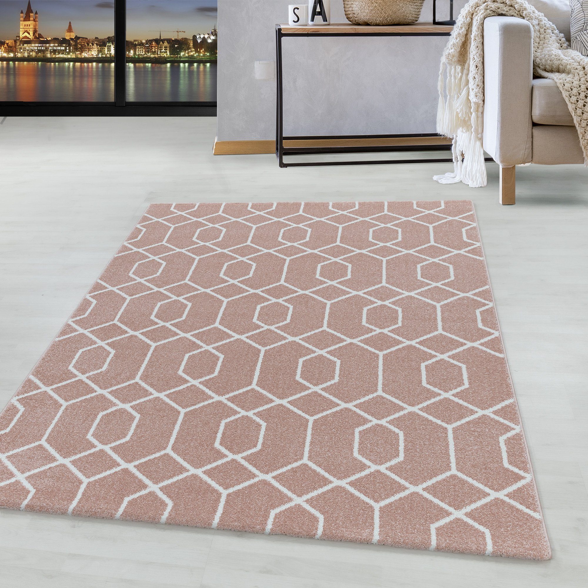 Teppich Designteppich Wohnzimmer HomebyHome, Kurzflor mm, Rosa Geometrisch Geometrisch Läufer, Design 10 Design, Teppich Höhe: