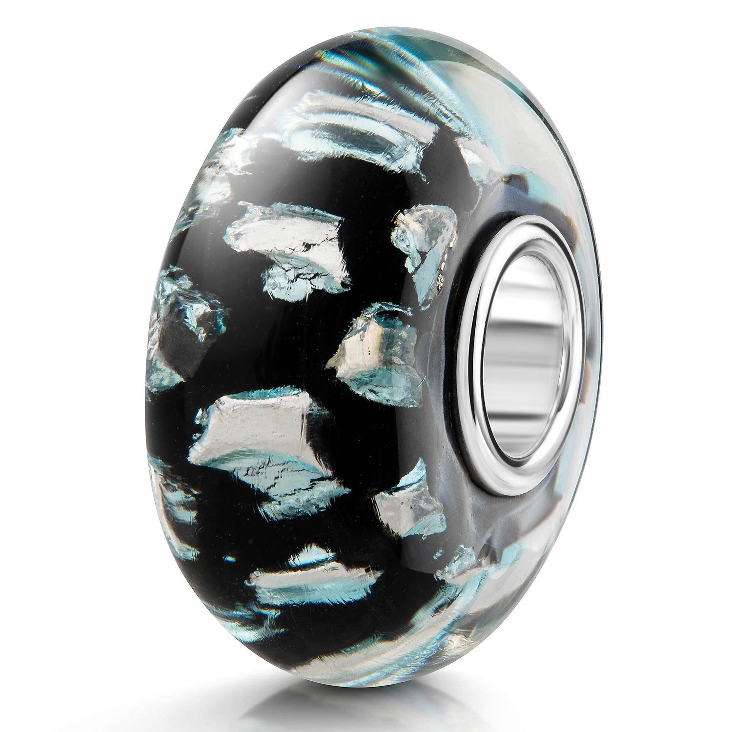Materia Bead Schwarze Glasperle mit Silberfolie 161, Kern aus 925 Sterling Silber