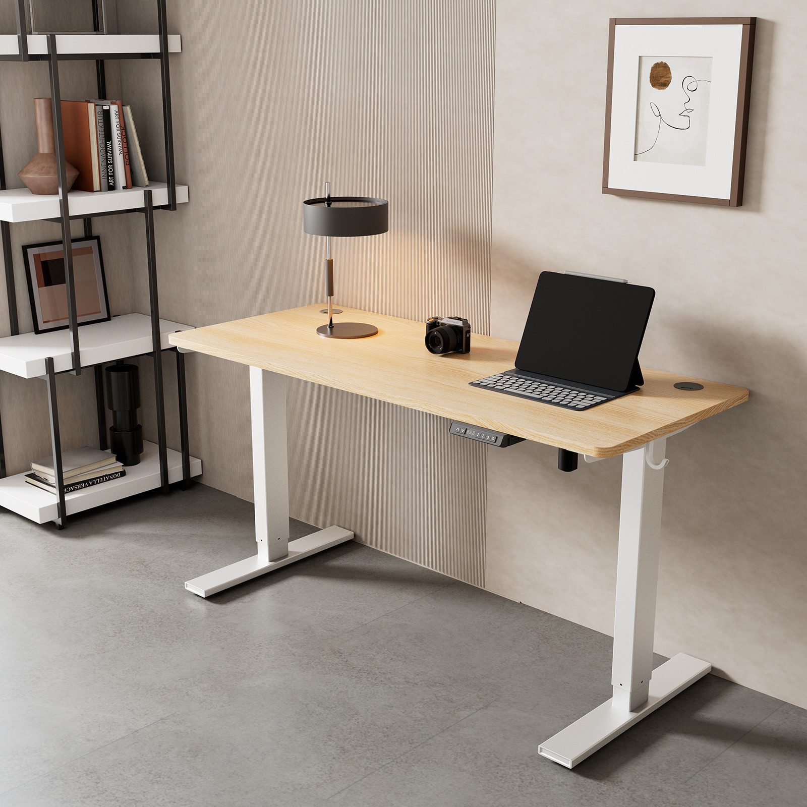HOMAVO Schreibtisch Höhenverstellbarer schreibtisch mit Memory- und Rebound-Funktion (Sitz-Steh-Erinnerung), inkl. Kabelwanne & USB/Typ-C-Anschlüssen, Tischplatte 18 mm