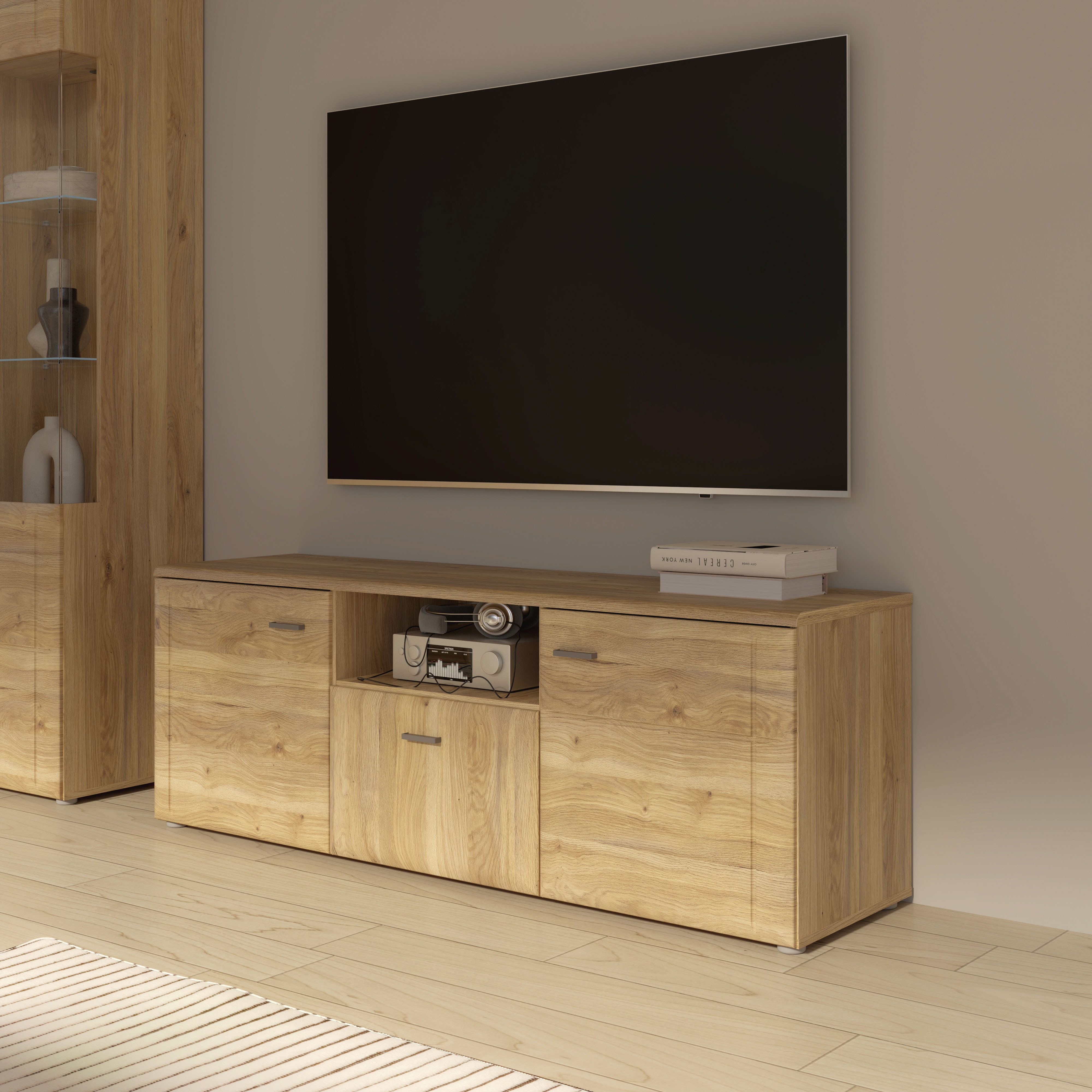 FORTE Lowboard Akinori TV-Board, TV-Schrank, TV Board, MDF Front, Holzoptik; Metallgriffe, Vollauzug, Soft Close