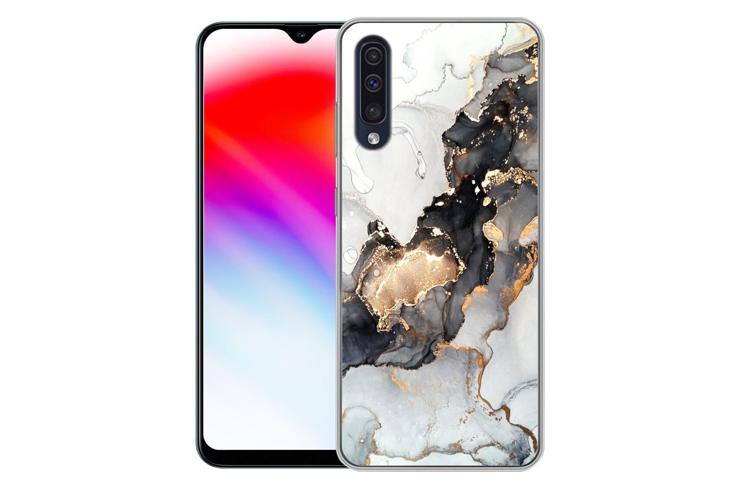 MuchoWow Handyhülle für Samsung Galaxy A30s Marmor - Schwarz - Weiß - Gold - Luxus - Abstr, Smartphone-Bumper, Print, Handy Schutzhülle Dünn