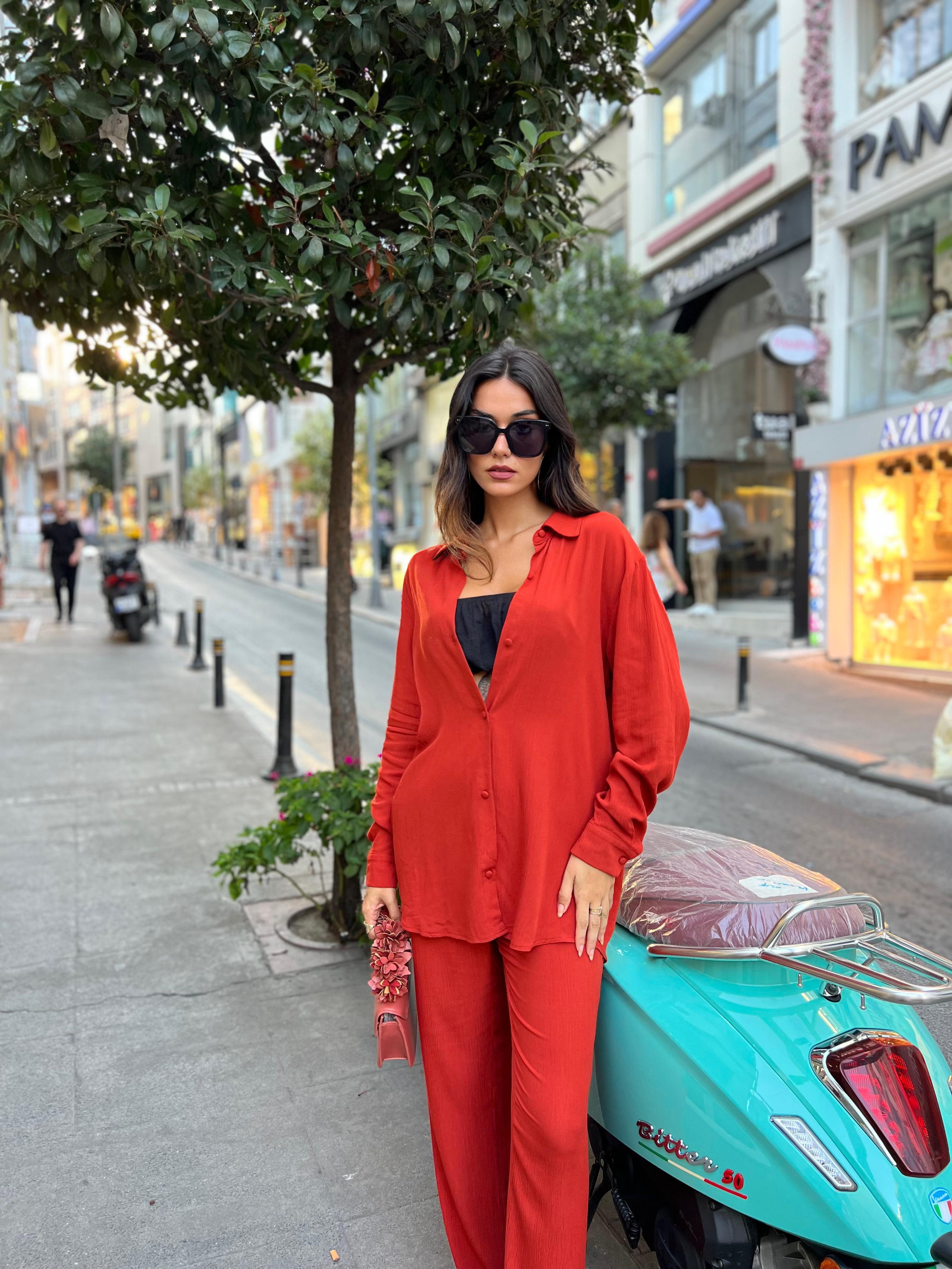 For You Moda Hosenanzug 3-teiliges Viskose-Crinkle-Bustier-Ziegel-Set