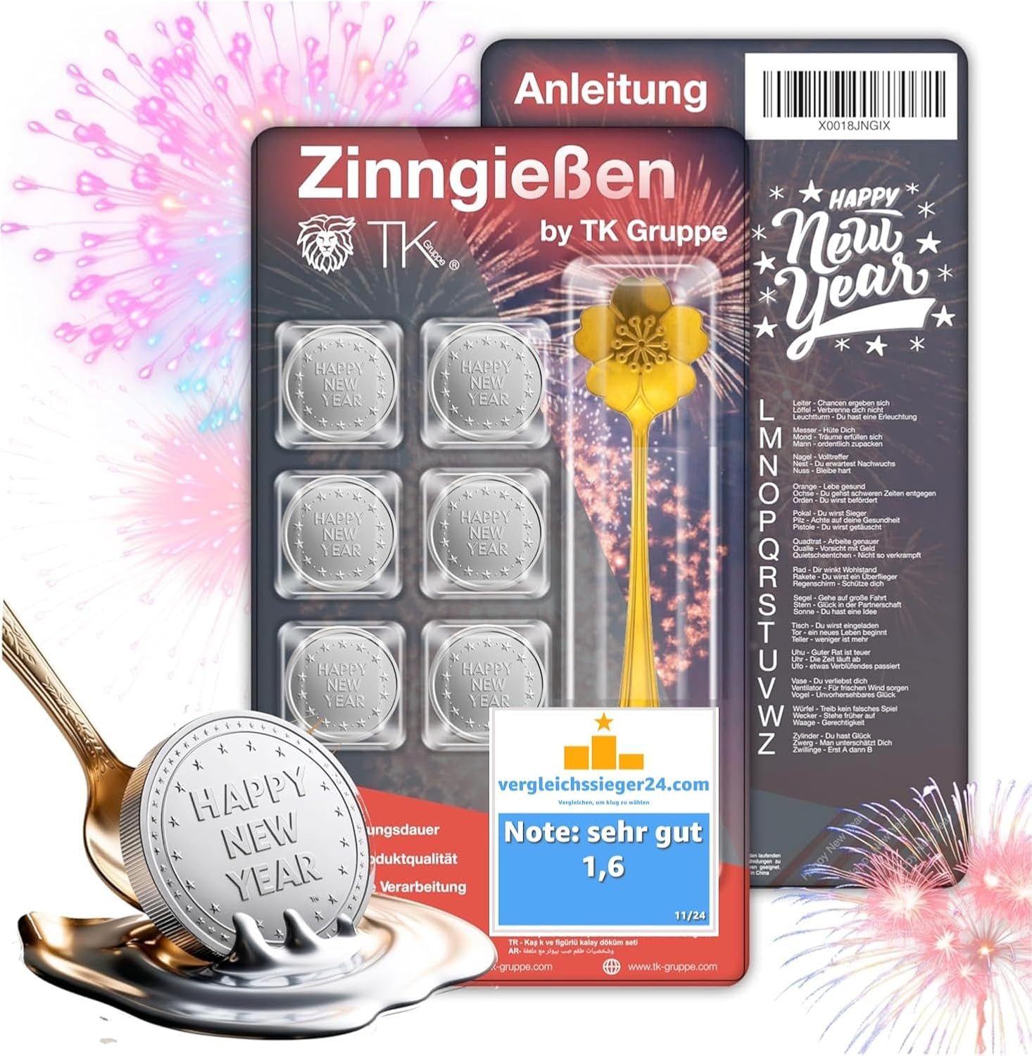 happy sparks® Spiel 6er Zinngießen Set - Alternative zu Bleigießen mit 6 Figuren & Löffel, Gesellschaftsspiel, ungiftig