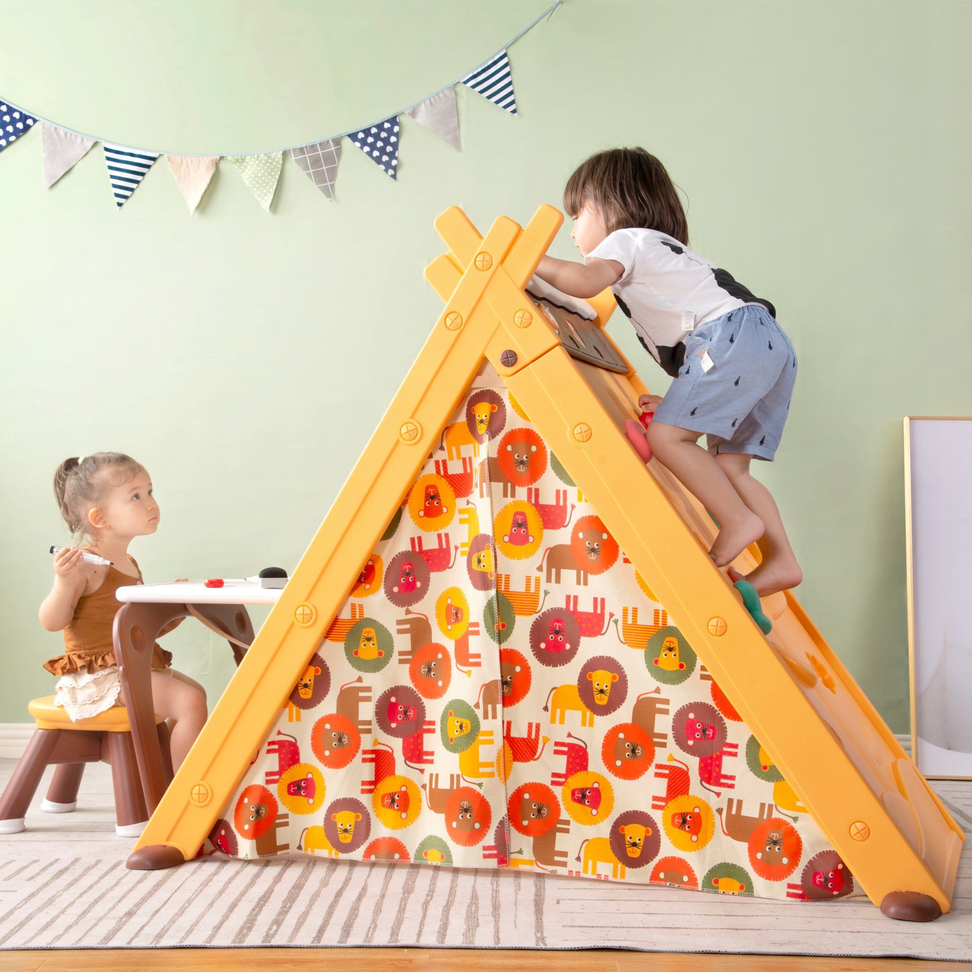 SOFTWEARY Spielzelt Multifunktionales Zelt Spielhaus, klappbares Kinderhaus  mit Klettergerüst, Stuhl, Tisch und Tür