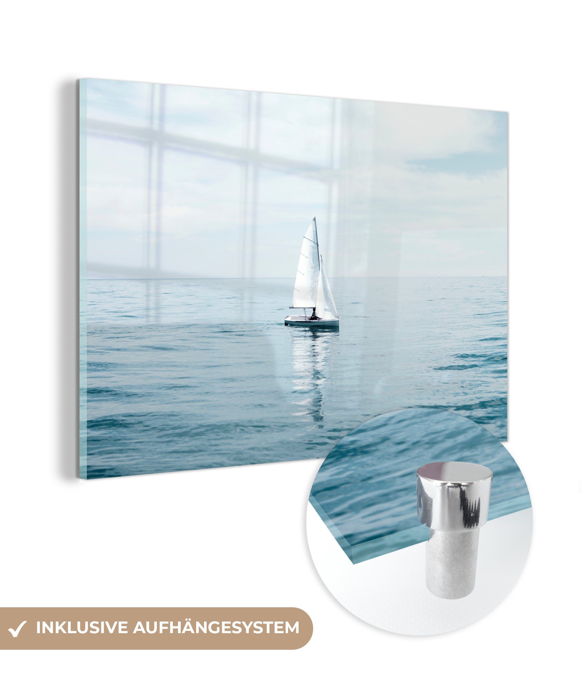 MuchoWow Acrylglasbild Meer - Segelboot - Blau, (1 St), Glasbilder - Bilder auf Glas Wandbild - Foto auf Glas - Wanddekoration