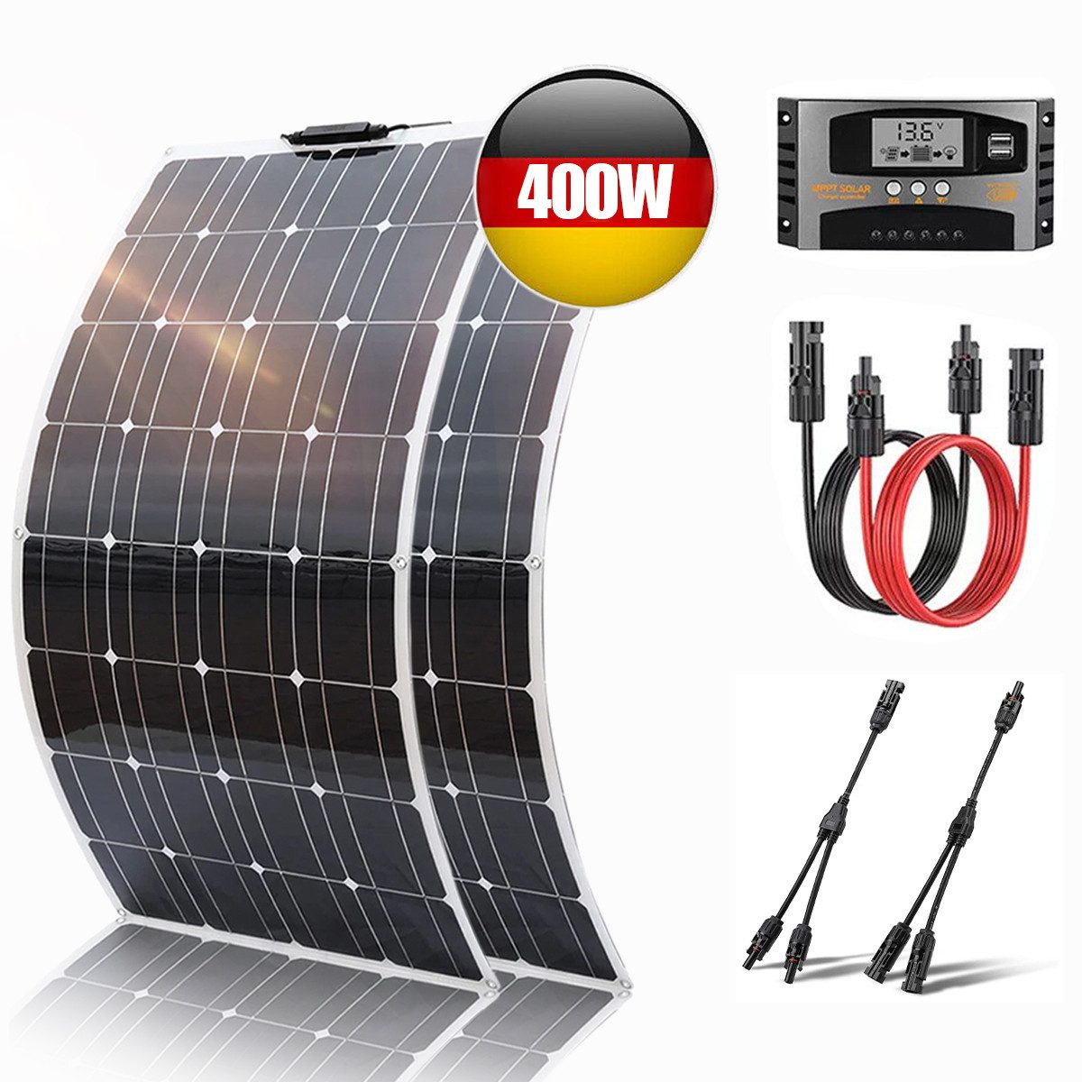 Rhein Beleuchtung Solarmodul 400W Balkonkraftwerk Solarmodul Set – Flexible Solarmodule 12V, 400 W, Monokristallin, (Set, 5-St., Leicht, biegsam & wetterfest – ideal für Dach, Boot & Camping), 2×200W PV-Module mit 40A Regler, Y-Stecker & Kabel – Plug & Play