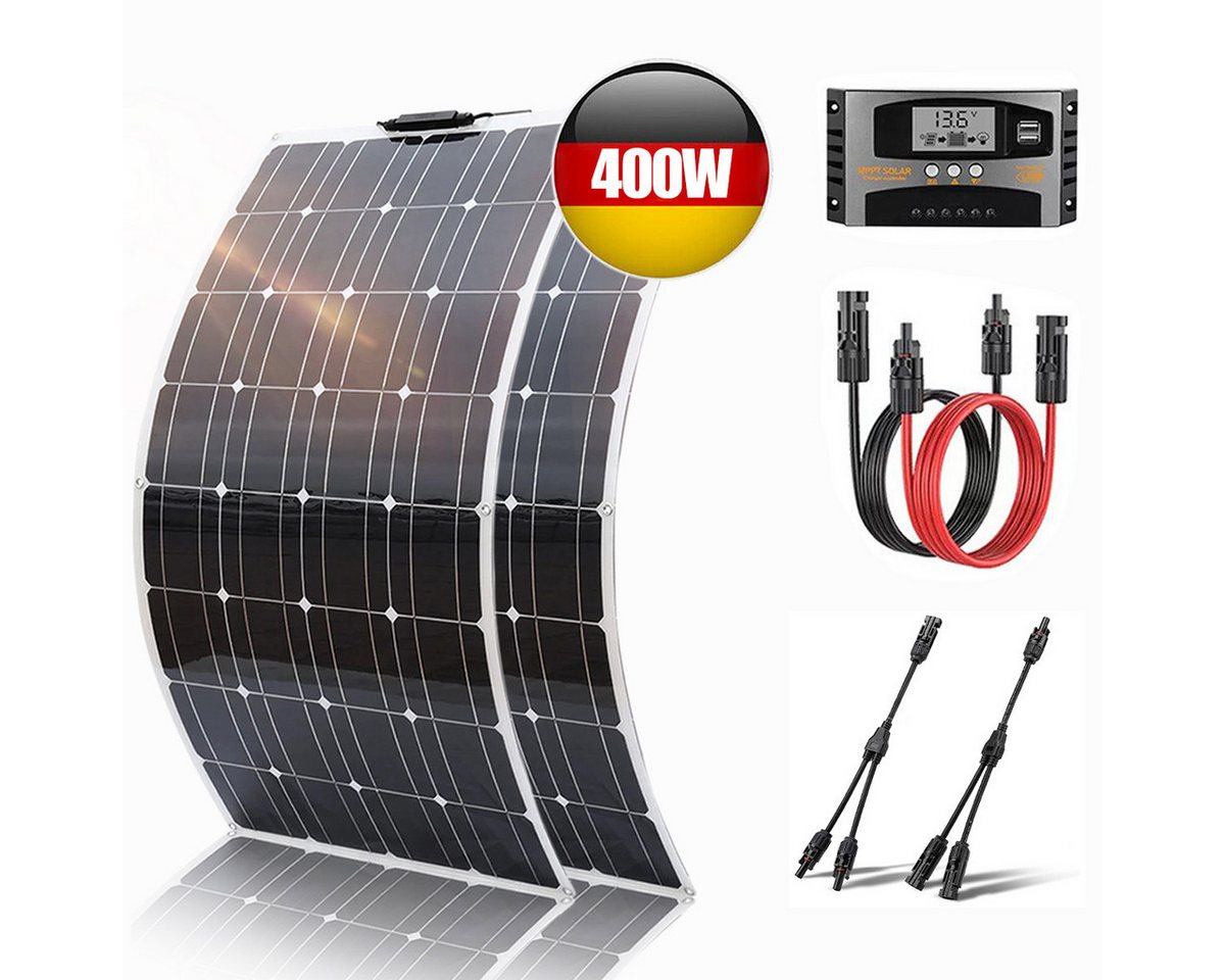Rhein Beleuchtung Solarmodul 400W Balkonkraftwerk Solarmodul Set – Flexible Solarmodule 12V, 400 W, Monokristallin, (Set, 5-St., Leicht, biegsam & wetterfest – ideal für Dach, Boot & Camping), 2×200W PV-Module mit 40A Regler, Y-Stecker & Kabel – Plug & Pl