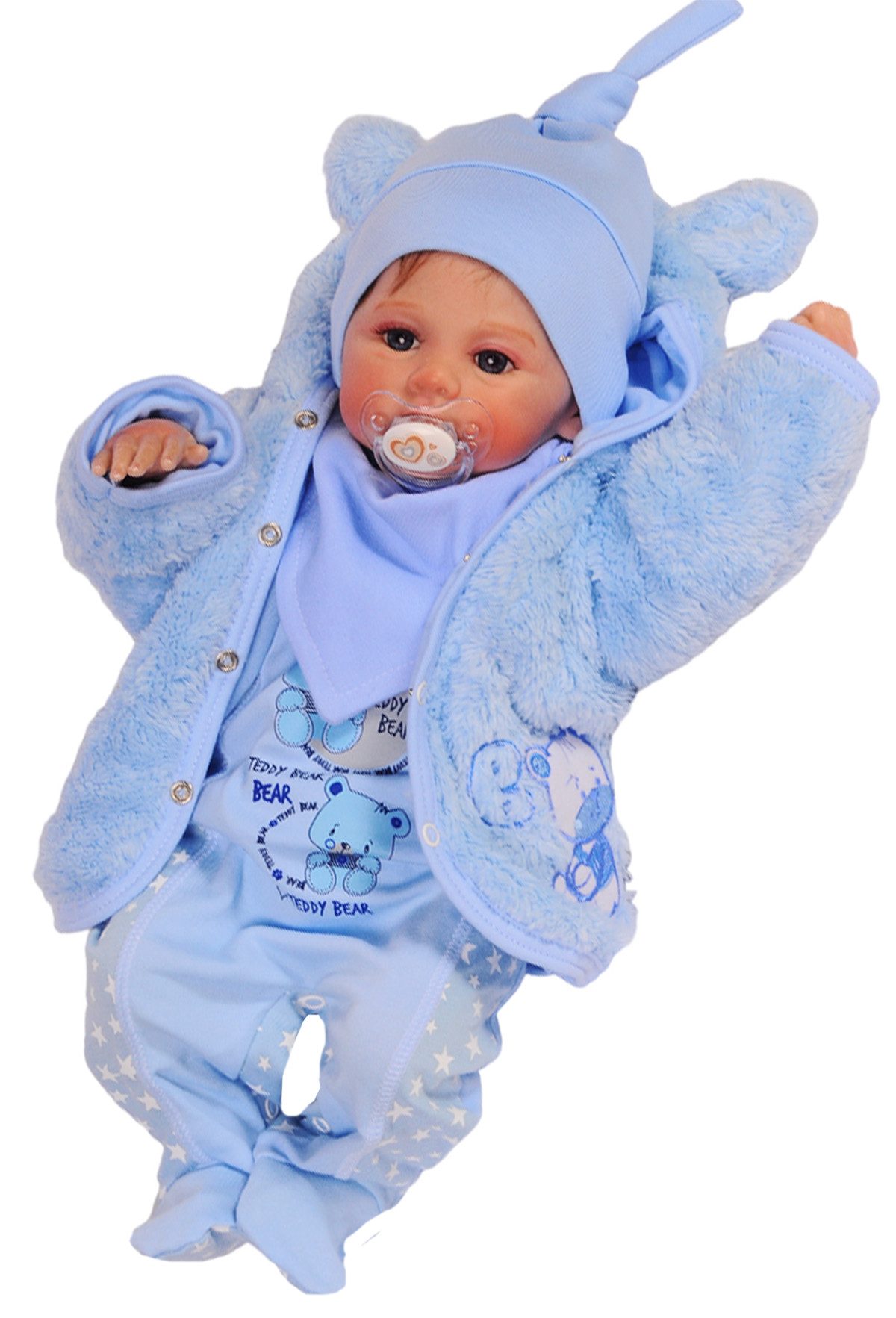La Bortini Strampler, Jäckchen & Mütze Stramplerhose Knotenmütze Shirt Jacke Lätzchen 5Tlg Baby Set in Blau kuschelig weich, warm, aus Fleece und Baumwolle, 44 50 56 62 68 74