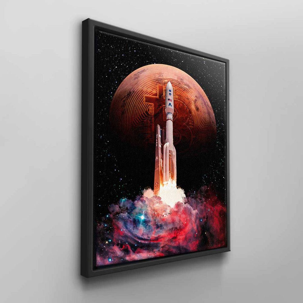 schwarzer Wandbild schwarz b Rahmen orange ROCKET, rocket space rot bunt rauch BITCOIN Bitcoin-Krypto Leinwandbild DOTCOMCANVAS®