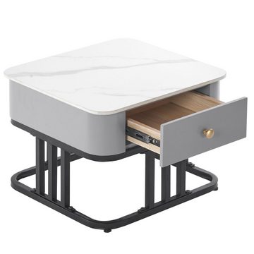 Merax Couchtisch 2er Set mit Glasplatte und Metallrahmen (2-St), Quadrat Beistelltisch mit Mamor-Tischplatte und Schublade, Satztisch