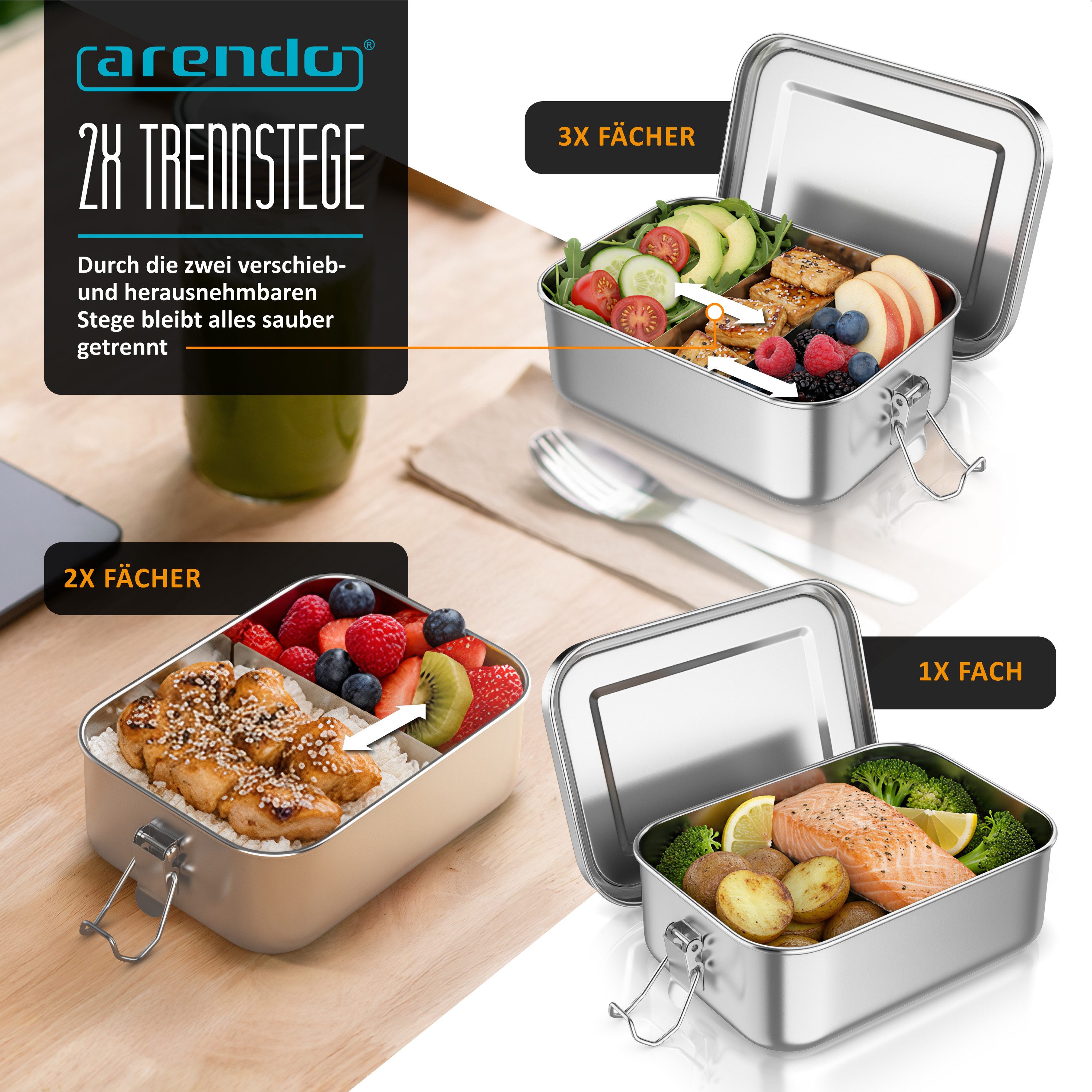 Arendo Lunchbox Edelstahl Brotdose 800 ml mit Fächern, für Kinder und Erwachsene, Edelstahl, (1-tlg., 2 Trennstege, 2 Silikondichtungen), auslaufsicher, entnehmbare Trennstege, Dichtung, lebensmittelecht