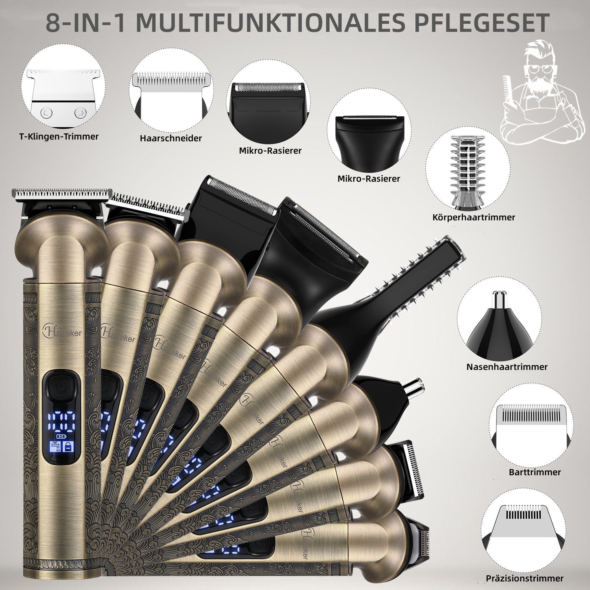 HATTEKER Haarschneider HT-609, Bartschneider, Rasierer, T-Klinge Trimmer, mit Ultra Sharp Klinge 8-in-1
