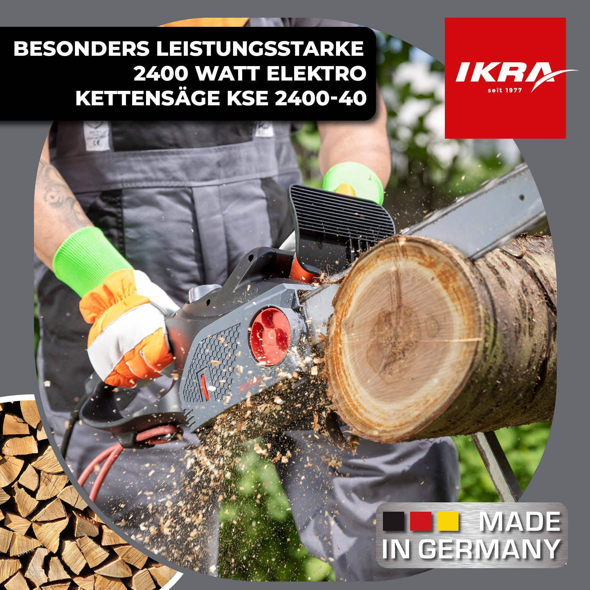 ikra GmbH Elektro-Kettensäge KSE 2400-40, 40 cm Schwertlänge, 2400 Watt, inkl. 2. Kette, Made in Germany – Bild 2 von 5
