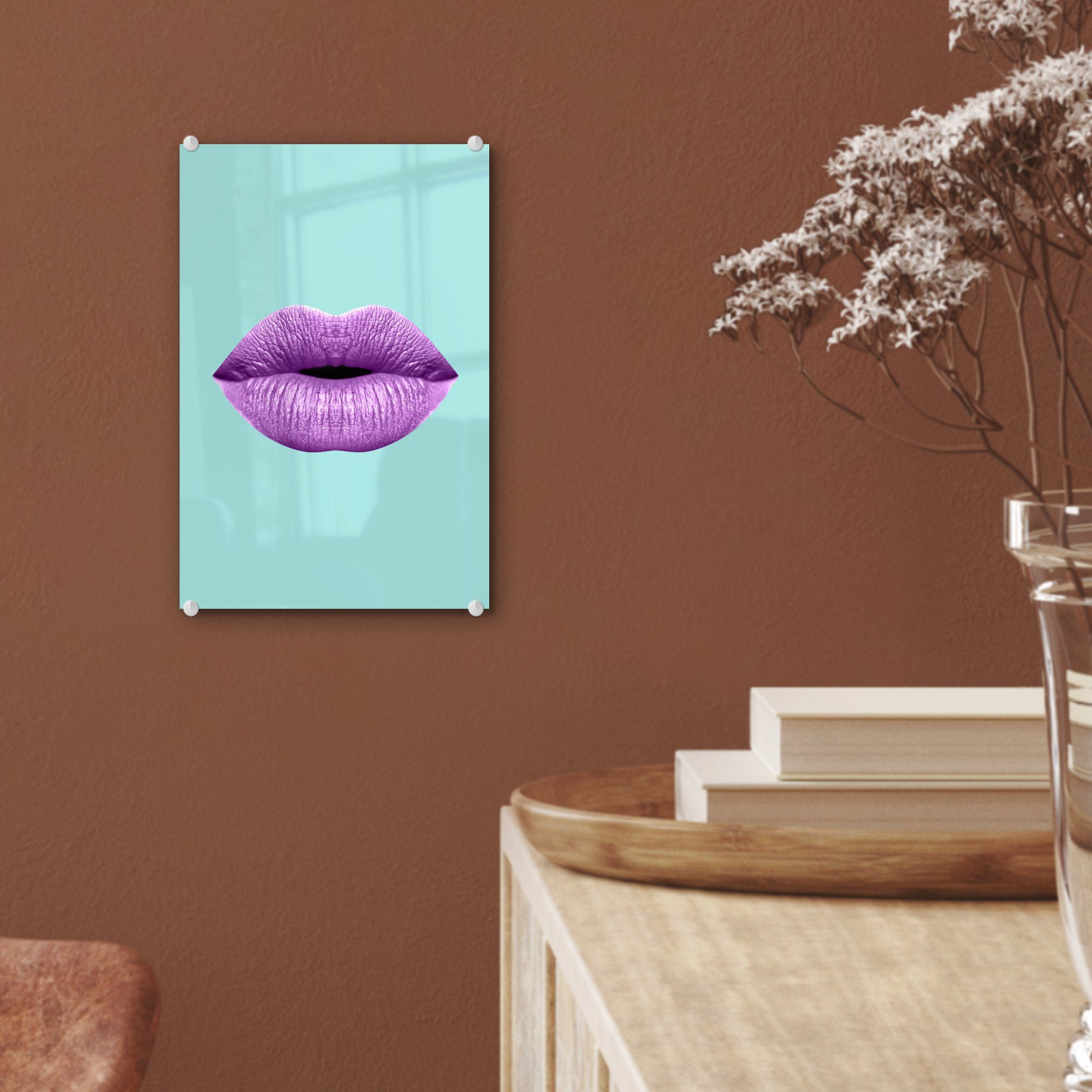 MuchoWow Acrylglasbild auf auf - Bilder Wandbild (1 Pastell St), - Glasbilder Glas Wanddekoration Glas - - Lippen - Lila, Foto