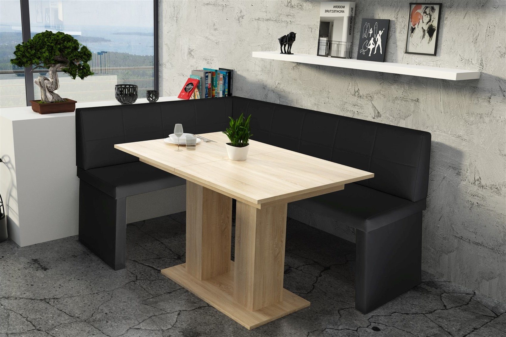 Kunstleder Eckbankgruppe Sonoma Schwarz Tisch Tisch Robin Eiche, Möbel ausziehbarer in 196x142cm Fun Eckbankgruppe mit XL