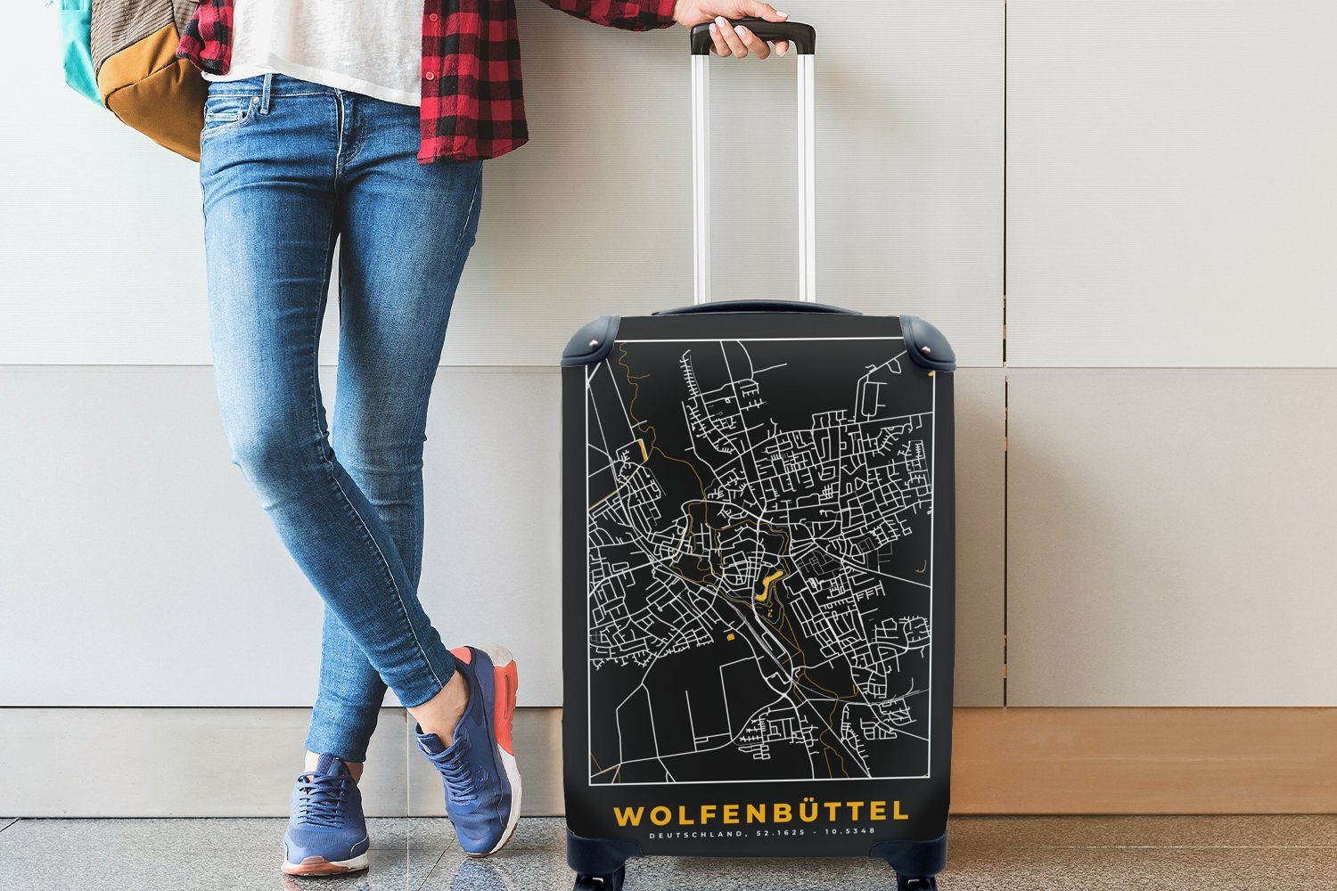 für Trolley, - - Deutschland und - Reisekoffer Stadtplan Karte, mit Schwarz Handgepäck Ferien, - Wolfenbüttel 4 MuchoWow Gold Handgepäckkoffer Reisetasche Rollen, rollen,