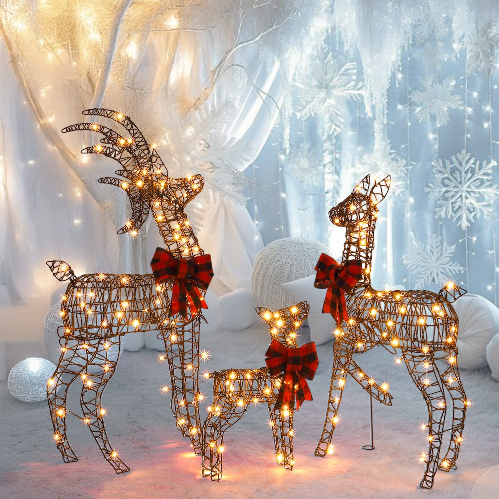 VINGLI LED-Dekofigur Leuchtendes Weihnachtsdeko, 3-teiliges Rentier-Familien-Set, Weihnachtsfigur mit 210 Warmweiße Lichtern, Wetterfest, 122 cm, Braun