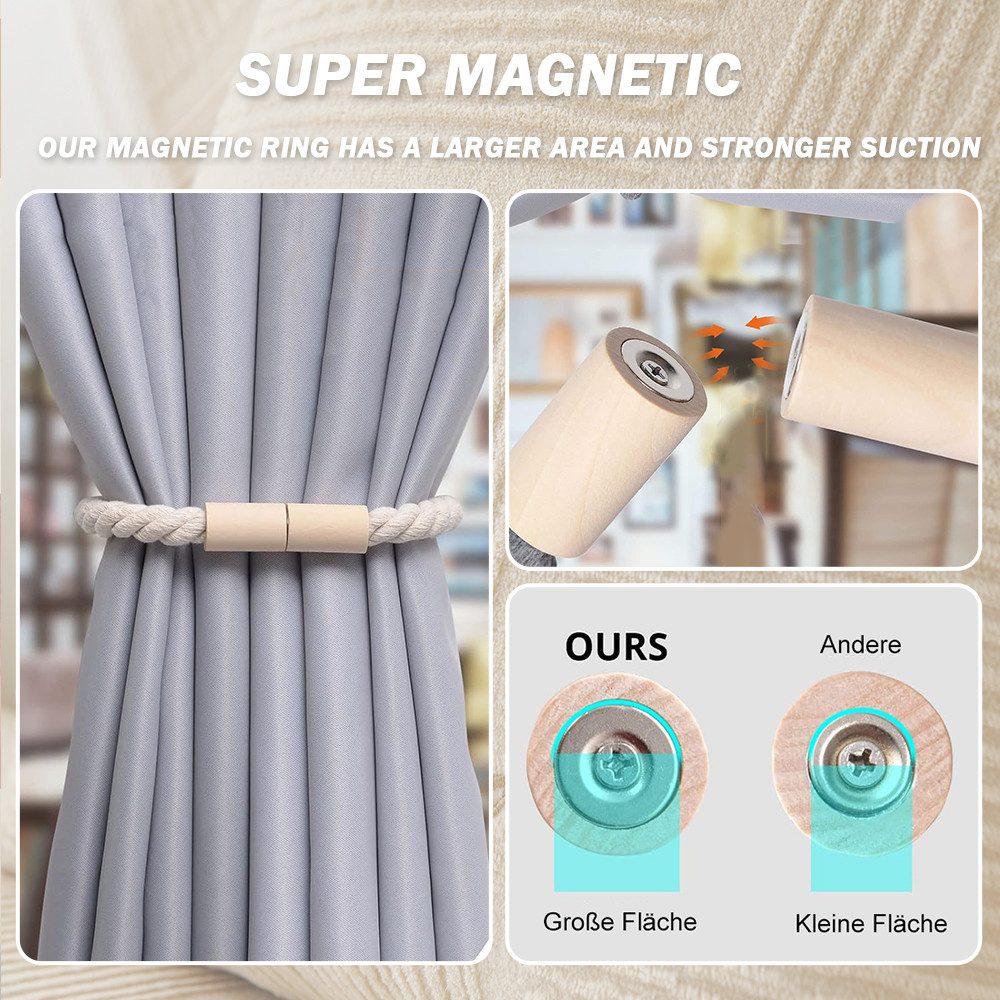 TUWENA Raffhalter 2 Stück Magnetische Vorhang Raffhalter aus Holz,Gardinen Raffhalter, Vorhanghalter für Zuhause und Büro, Fenstervorhänge – Bild 4 von 5