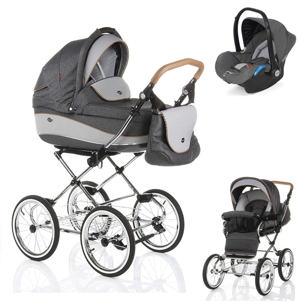 Roan Kombi-Kinderwagen Emma 3 in 1 inkl. Autositz - 13 Teile - in 7 Designs Dunkelgrau-Hellgrau (E-60)