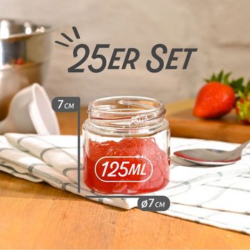 Praknu Einmachglas Praknu 25 Marmeladengläser 125 ml Rot, Glas, (Set, 25-tlg., 25 Einkochgläser, 25 Etiketten, Stift zum Beschriften), mit Deckel, Etiketten - Luftdichte Einmachgläser zum Einkochen & Konservieren