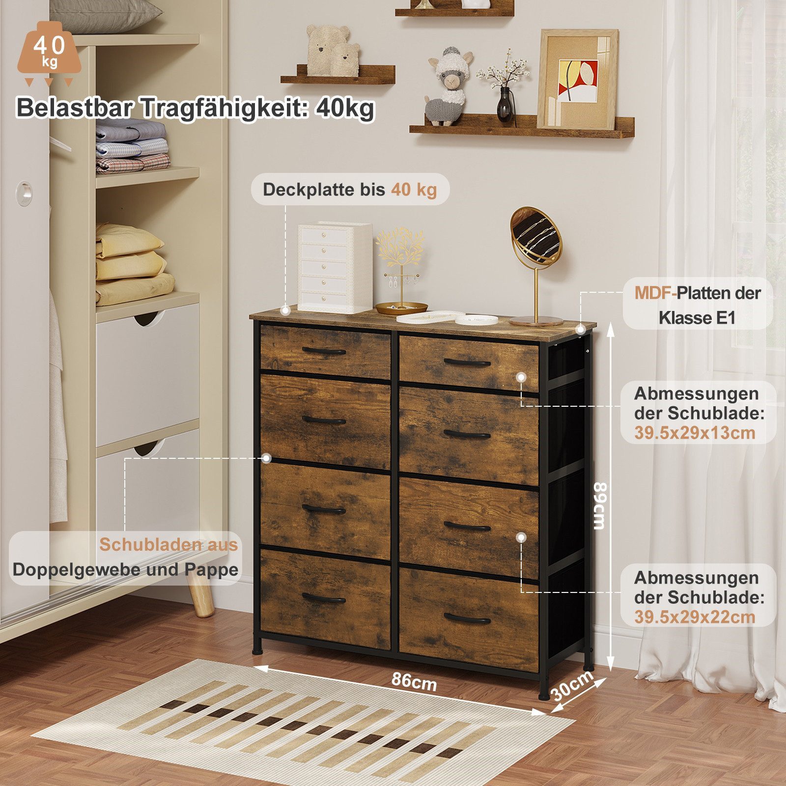 Woltu Kommode, mit 8 Stoffschubladen, für Schlafzimmer Wohnzimmer Flur